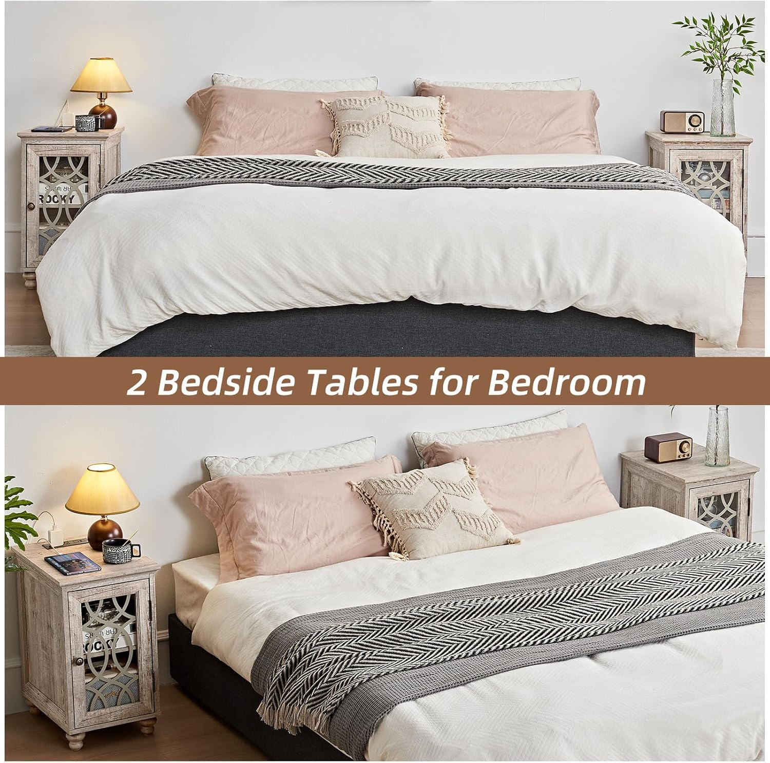 Narrow Side Table with Charging Station Set of 2, Night Stand with Glass Door,Bedside End Tables with Adjustable Shelf Storage Cabinet,Wood Nightstand for Small Spaces Living Room Bedroom with Charger Grey Oak 2