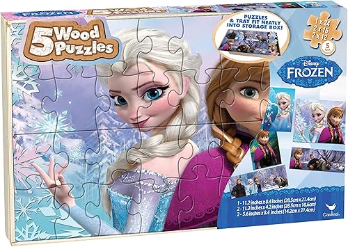 Paquete de 5 rompecabezas de Peppa Pig en caja de madera, Disney Frozen