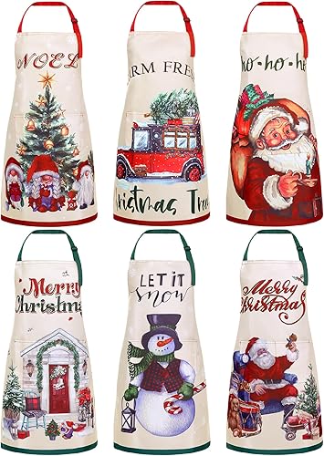 Bencailor 6 delantales de Navidad con bolsillos, delantales de cocina ajustables, impermeables, para cocinar, mujeres y hombres (muñeco de nieve,