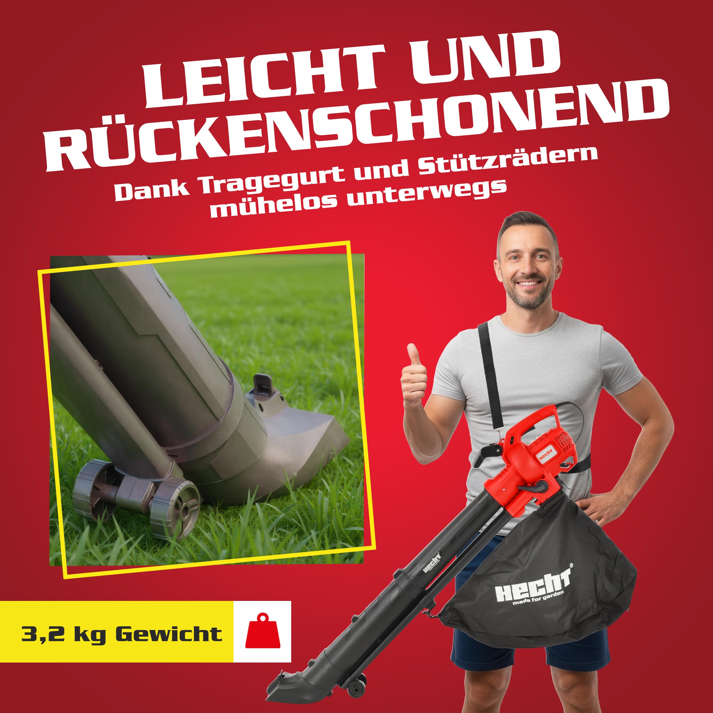 Hecht Elektro Laubsauger 3300 W 45 L mit Häcksler 10:1 | 270 km/h, 3,2 kg, Garten-Laubsauger mit Rädern und Tragegurt, großer Fangsack für Laubarbeiten