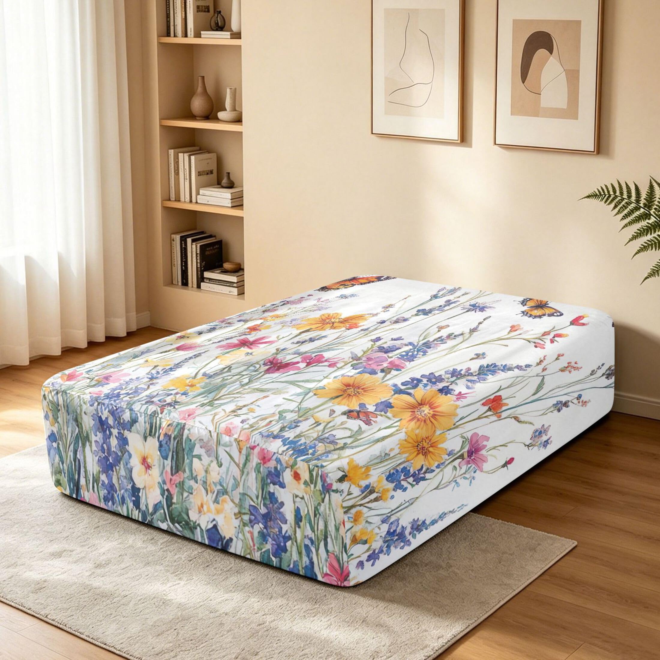Vibrantes flores silvestres sábana bajera para colchón de aire, bolsillo extra profundo de 24 pulgadas, funda suave y transpirable con apertura de válvula de cremallera para cama de aire