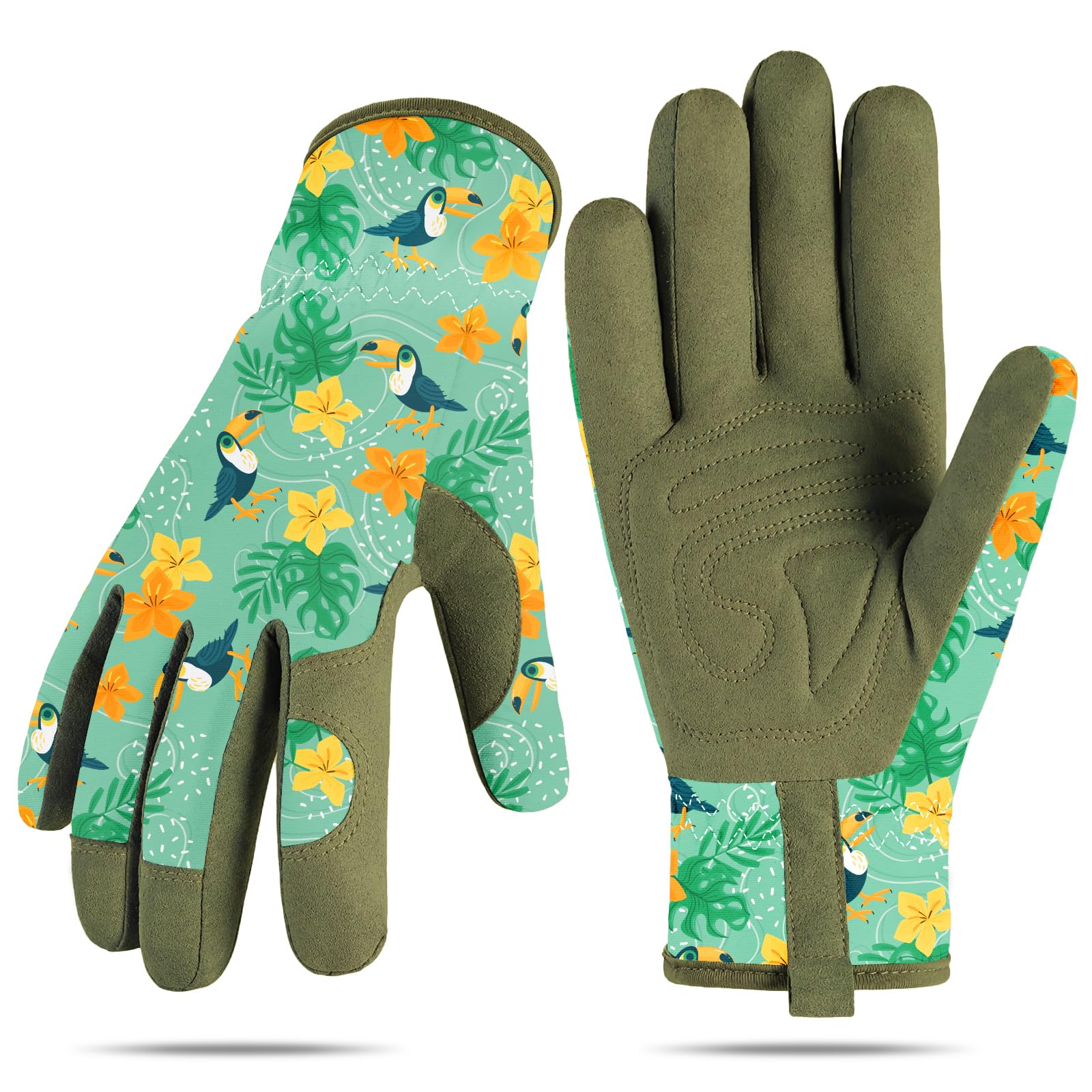 Guantes de jardinería para mujer, guantes de trabajo de cuero transpirable con puño de velcro, guantes a prueba de espinas para patio/jardín