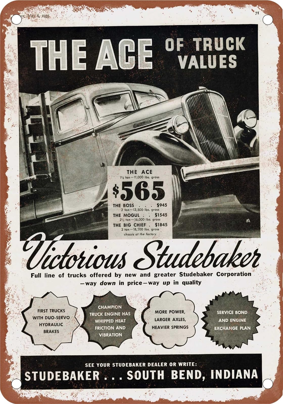 Miaomansenstore Metal Sign - 1935 Studebaker Truck Vintage Ad 02 - Old Retro Rusty Look Home Decor