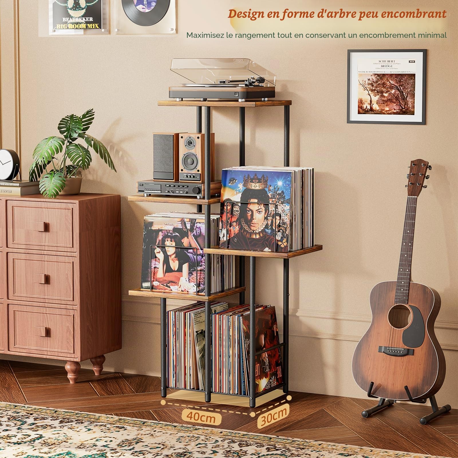 Bikoney Meuble pour Platine Vinyle avec Rangement, Étagère d’Affichage pour Disques, Support Table pour Platine avec Organisateur de Vinyles, Meuble Vintage en Bois Style Mid-Century, Console Haute