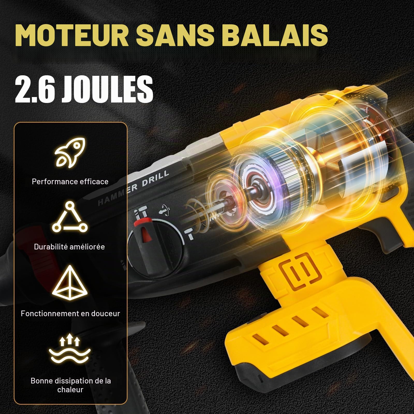 Roadtime 2.6J Hammer de forage 600W pour DeWalt 20Vbatterie (sans batterie) | vitesse du marteau 1100 tr/min,hammer combiné avec broche de forage 3x SDS PLUS,avec 4 fonctions