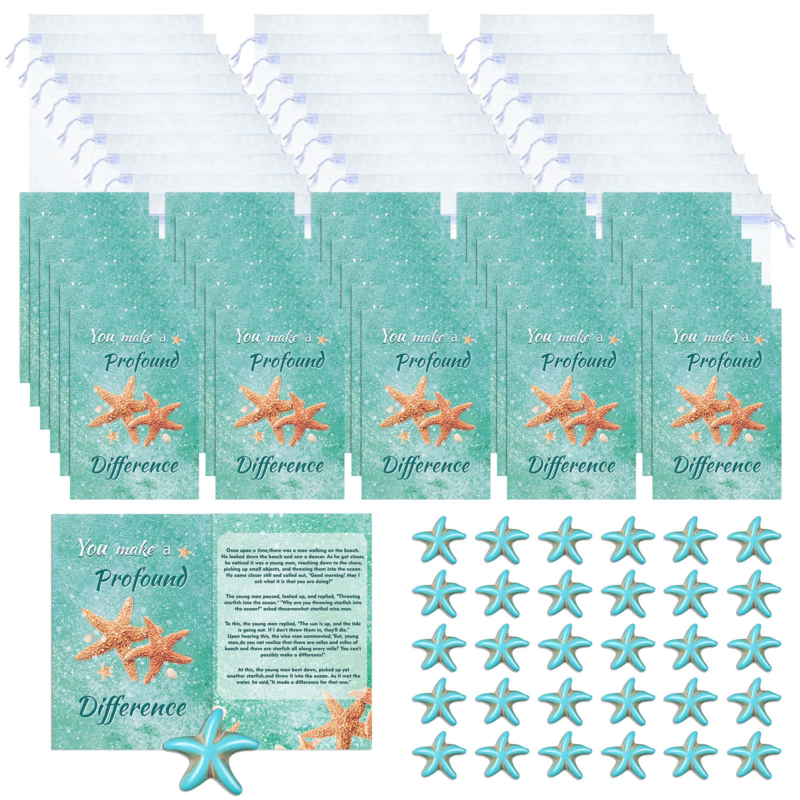 Gersoniel 30 Sets Starfish Story Gifts Bulk Employee Appreciation Gifts Thank You Staff Valentines Sea Gift Include Mini Keychain Charms Notecards Drawstring Bag for Coworker Volunteer(Cute Style) — image 1