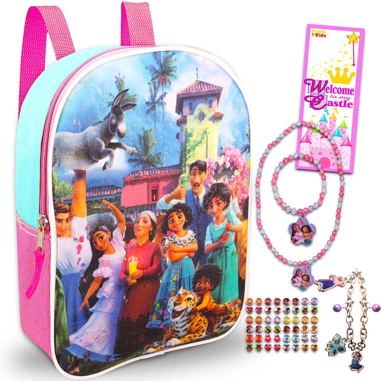 Disney Encanto zestaw upominkowy dla dziewcząt – zestaw z mini plecakiem Encanto Plus Encanto zestaw biżuterii z naszyjnikiem, bransoletką i innymi akcesoriami, prezenty urodzinowe Encanto