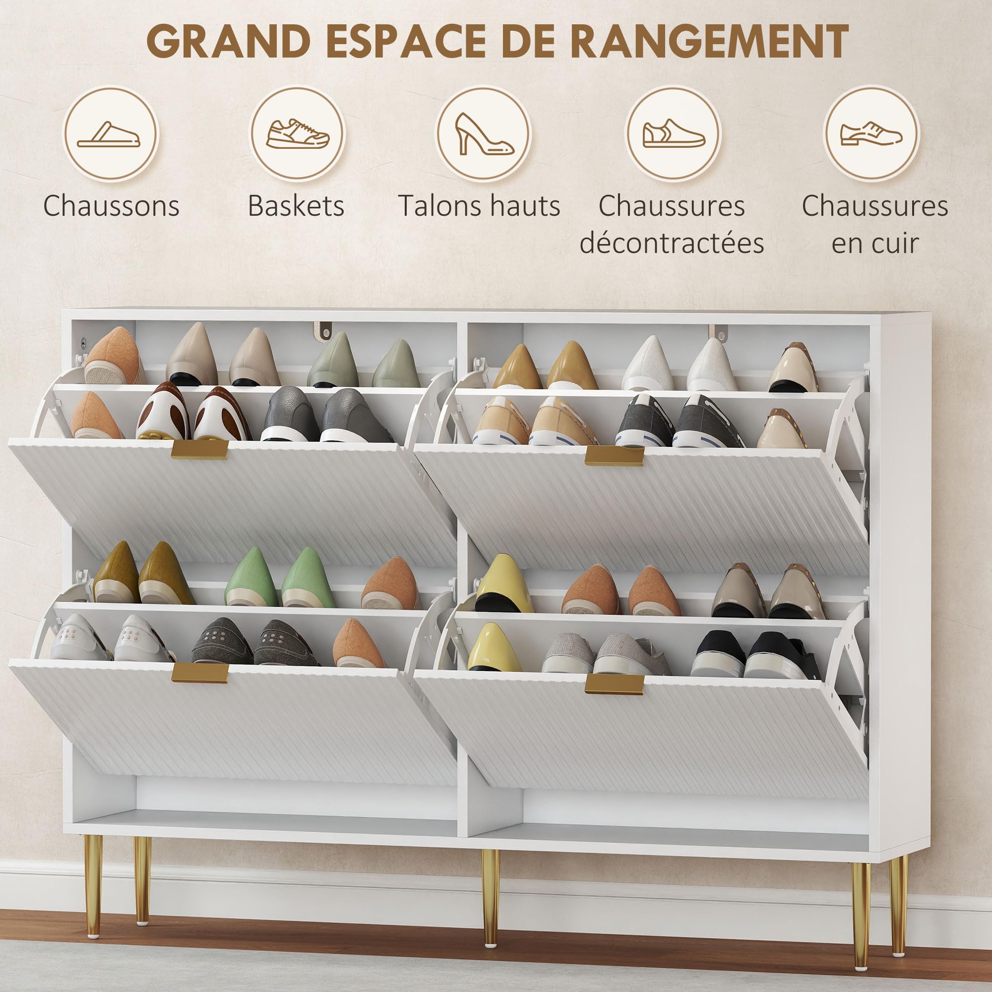 HOMCOM Meuble à Chaussures 20 Paires 4 Tiroirs 105 x 24 x 91,5 cm Blanc