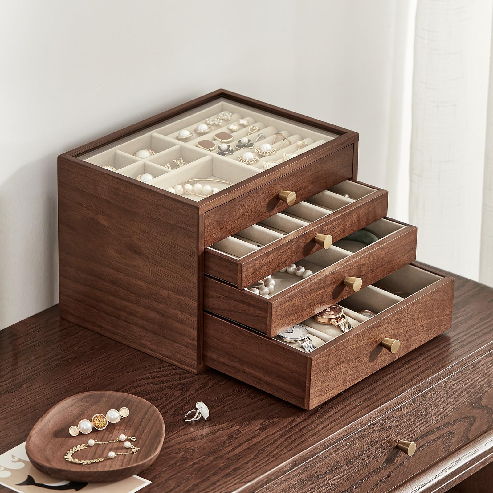 Joyero de madera de nogal negro, organizador grande de 4 cajones con tapa de cristal para guardar collares, relojes, anillos y pendientes, Regalo para Ella