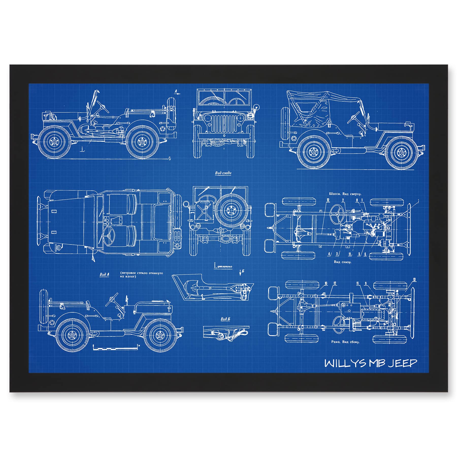 Artery8 Willys MB US Army Military Jeep Vehicle Blueprint Plan Artwork Framed Wall Art Print A4