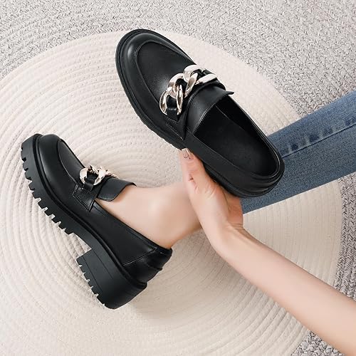 Miniatura 2 de Mostrin Mocasines de plataforma para mujer con cadena, puntera redonda, gruesos, zapatos de negocios con suela de lengüeta