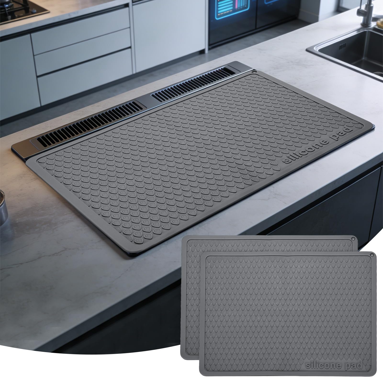PATIKIL 2 Pcs Dish Drying Mat, 16 x 12 Inch Silicone Heat Resistant Drying Pad Stove Top Cover for Kitchen Counter Sink Stove Refrigerator Drawer Liner, Dark Gray