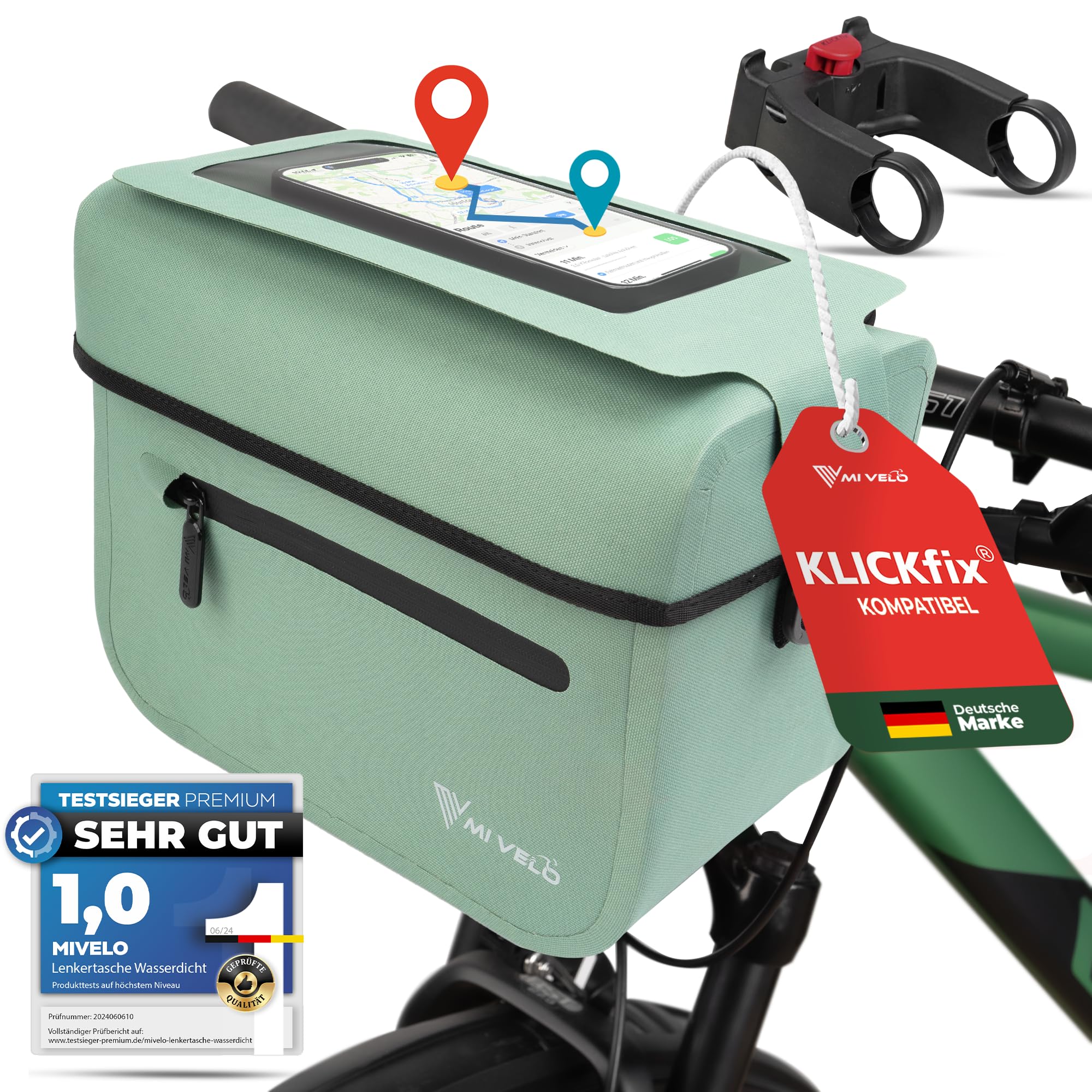 MIVELO Lenkertasche Fahrrad passend für KLICKfix - 100% wasserdicht - Fahrradtasche Lenker - abnehmbares Handyfach - Tasche Lenker