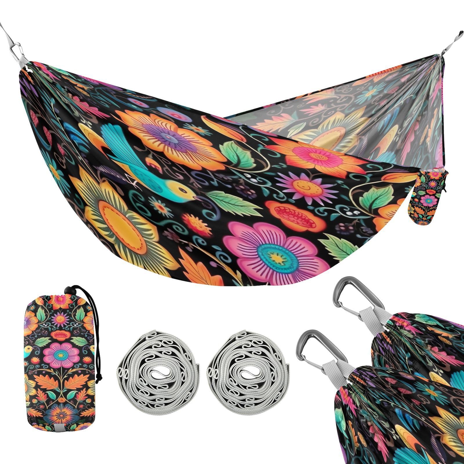 ATTX Brightly Colored Birds Camping Hammock - Lightweight & Portable Hammocks, Heavy Duty 330lbs Capacity for Indoor, Hiking, Backpacking, Travel, Backyard, Beach#259