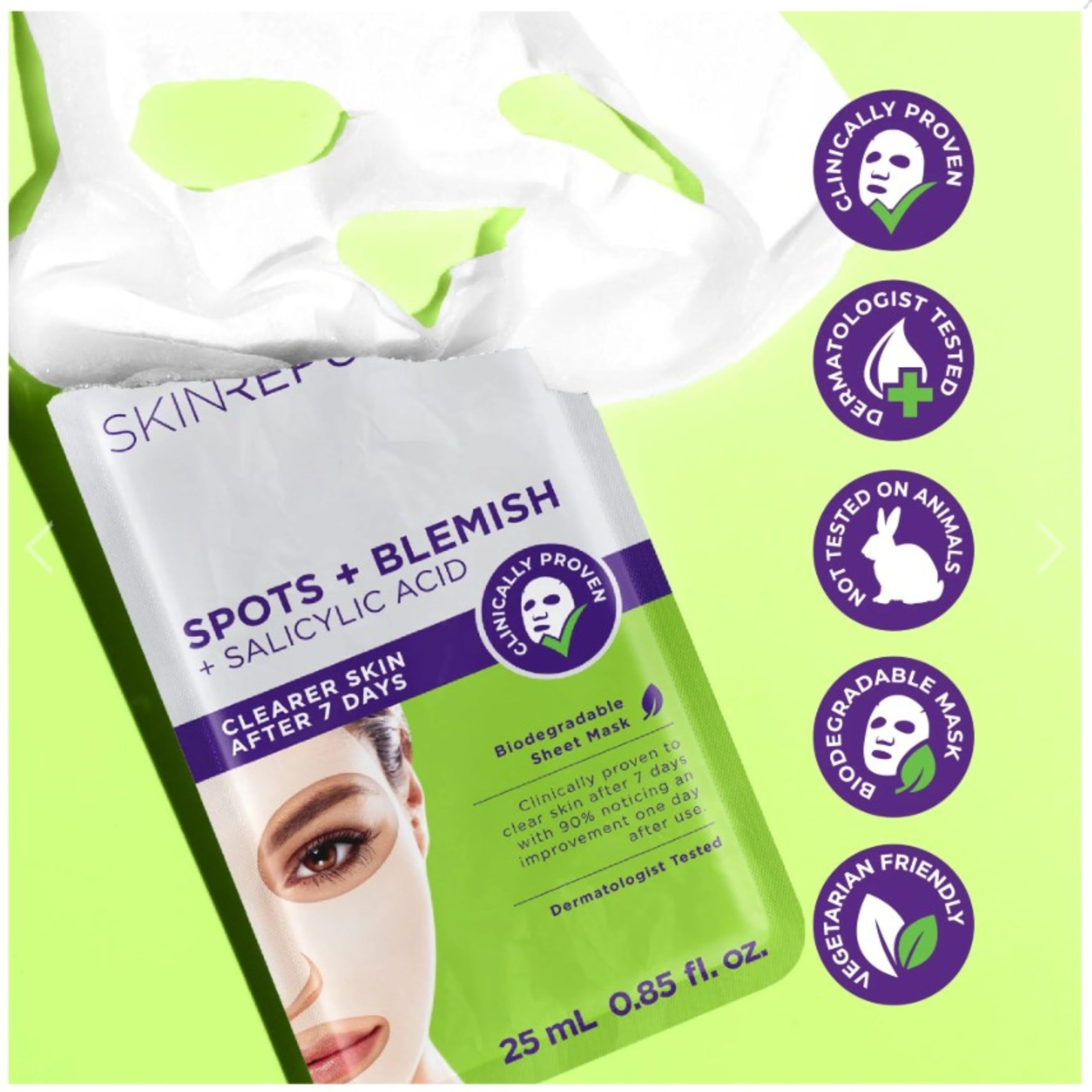 Skin Republic Spots + Blemish Tuchmaske – Anti-Pickel Gesichtsmaske mit Salicylsäure & Teebaum, klinisch bewiesen klarere Haut nach 7 Tagen, porenreinigend & entzündungshemmend, 10er Pack (10 Stück)