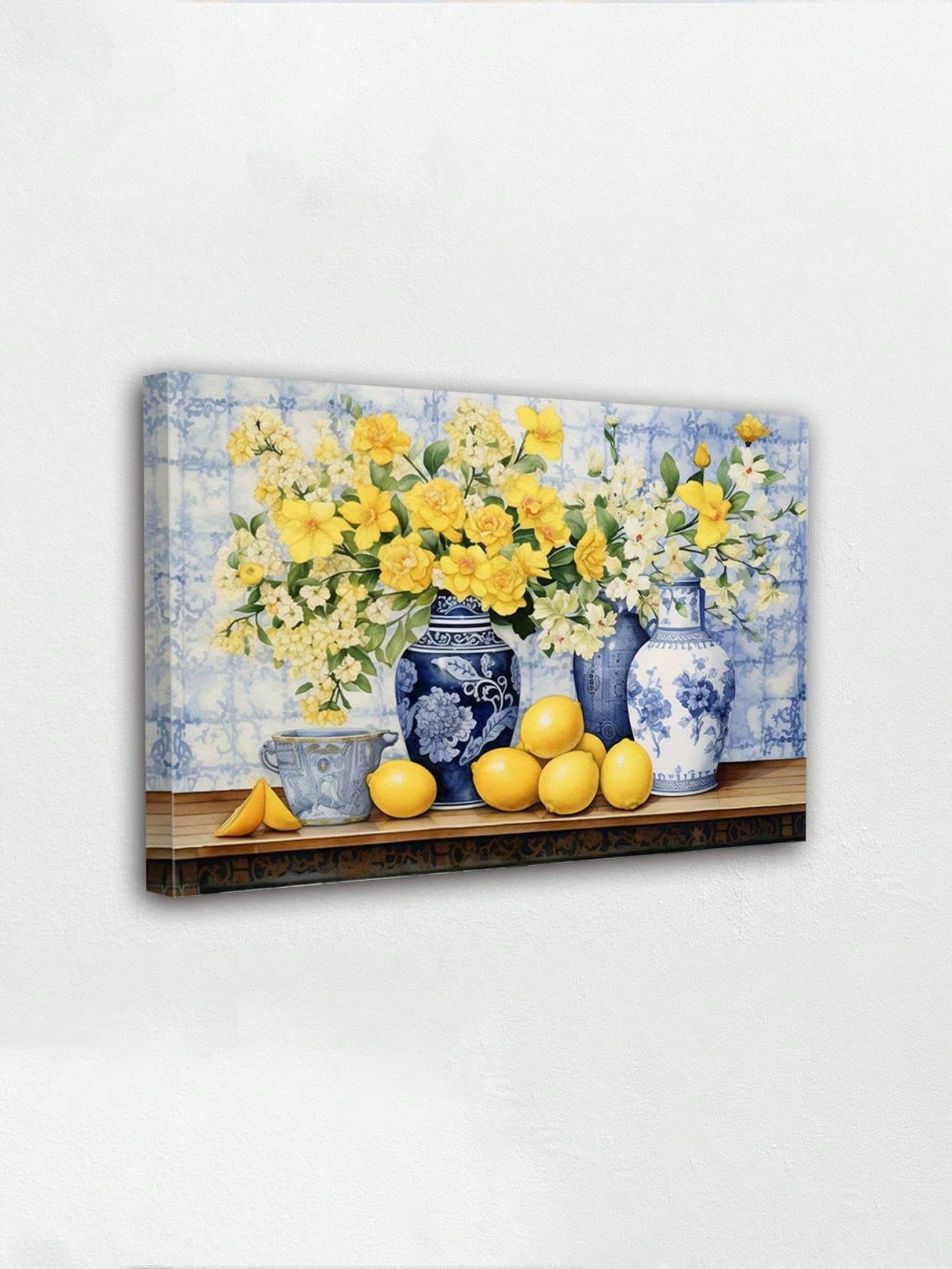 Peinture fleurs jaunes et citrons XBTYKPB 70x90cm avec cadre interne pour salon - 8