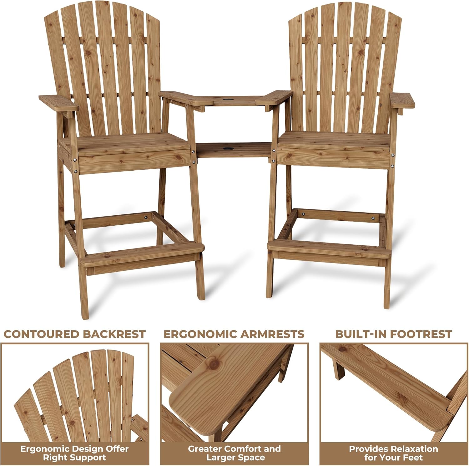 Set of 2 Bar Height Adirondack Chairs with Removable Connecting Tray & Umbrella Hole – Durable WoodenTall Outdoor Bar Chairs for Patio, Balcony, Deck, Backyard & Garden, Natural