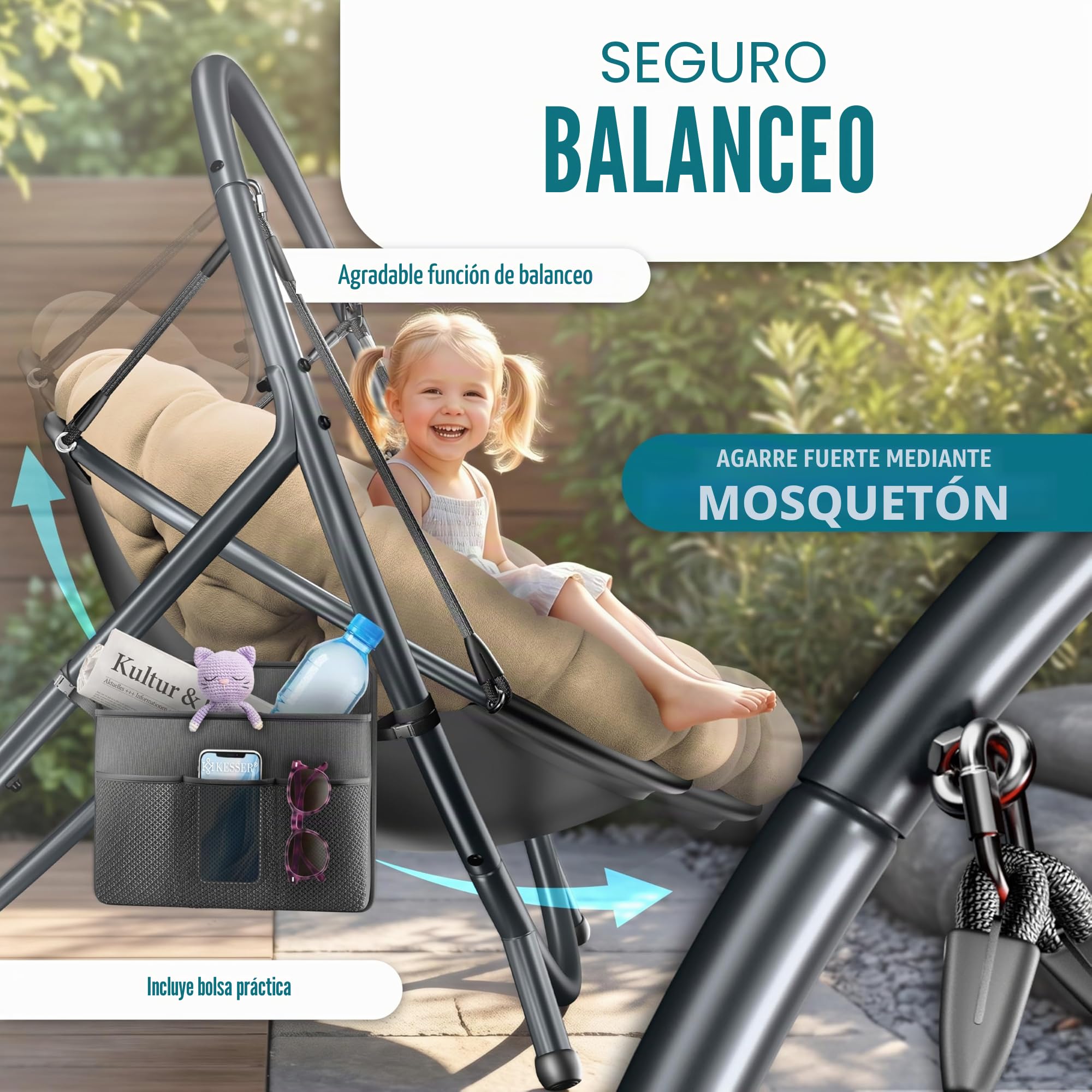 KESSER Silla colgante con estructura Bali, columpio colgante de hasta 150 kg, para interior y exterior, cojín y bolsillo lateral, cesta colgante, estructura de acero y cojín de espuma, ideal para