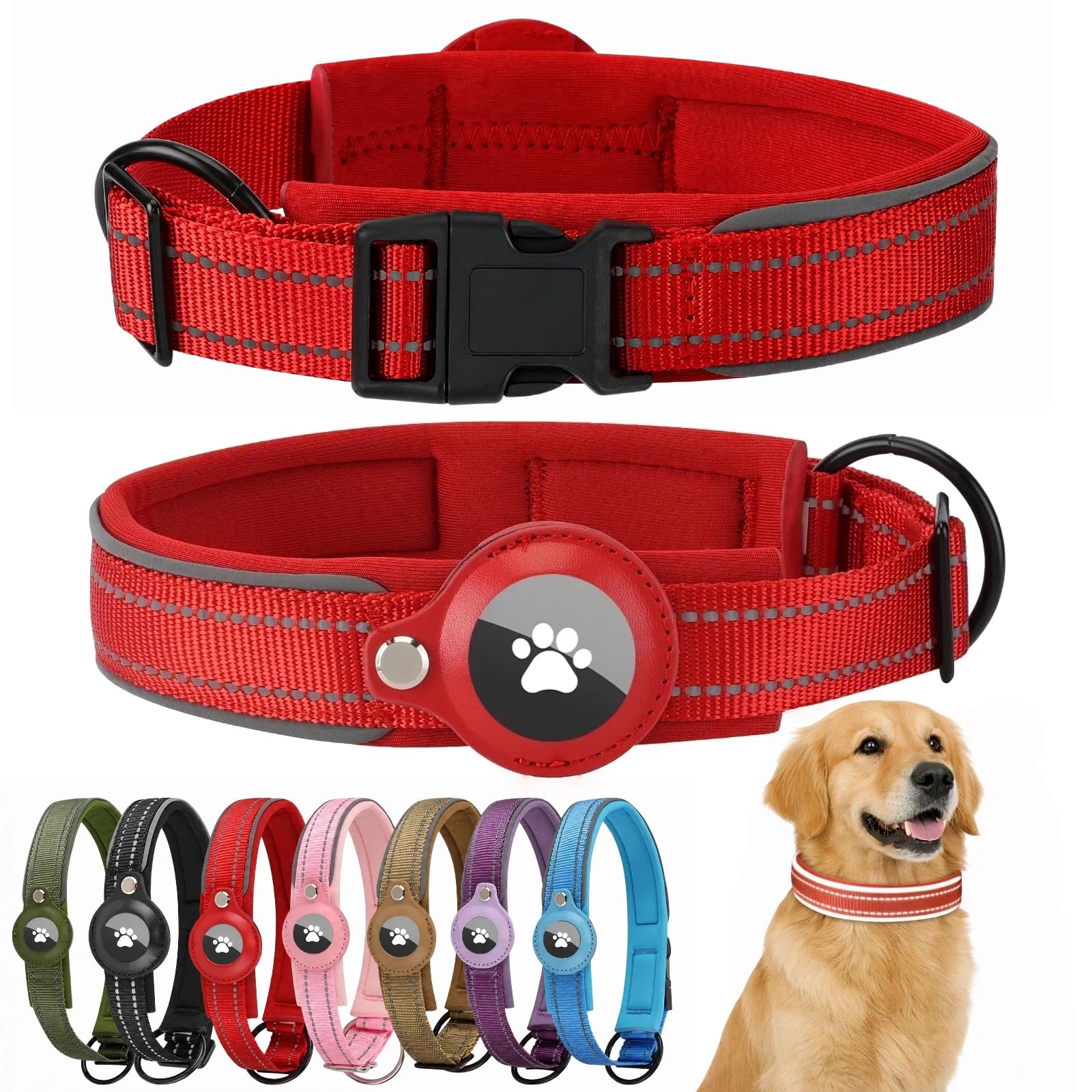 Swizitelon Reflective Large Dog Collar with Apple Airtag Holder Padded