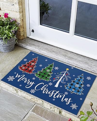 Tapete para puerta delantera, a cuadros, árbol de Navidad, copo de nieve, azul, feliz Navidad, absorbente, resistente a la suciedad, tapetes