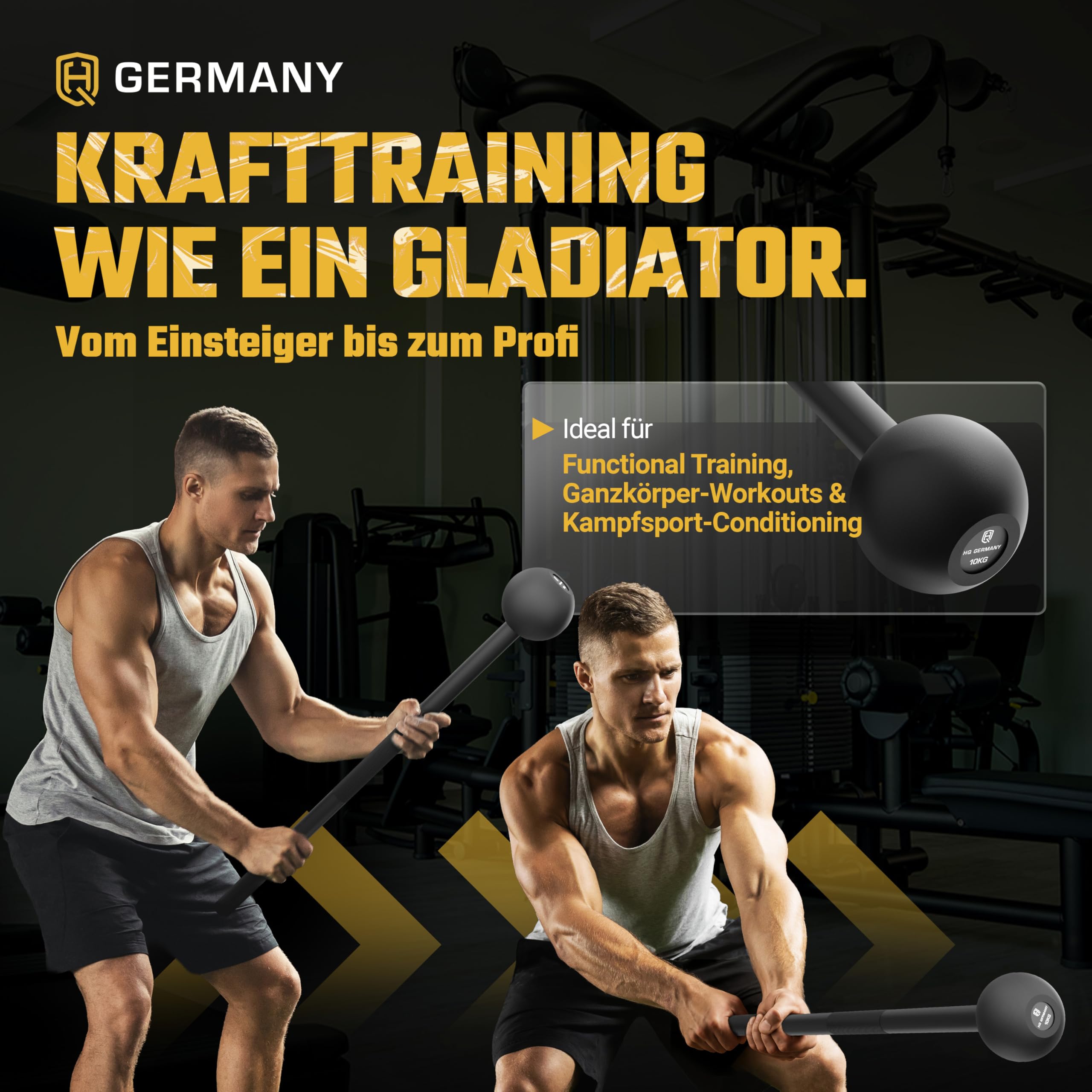 HQ Germany® Macebell 2-10kg [100% Stahl] - Steel Mace, Gada, Clubbell | Massiv verschweißt aus einem Stück, ±200g kalibriert, langlebige Pulverbeschichtung, genormte Maße, griffiges Knurling