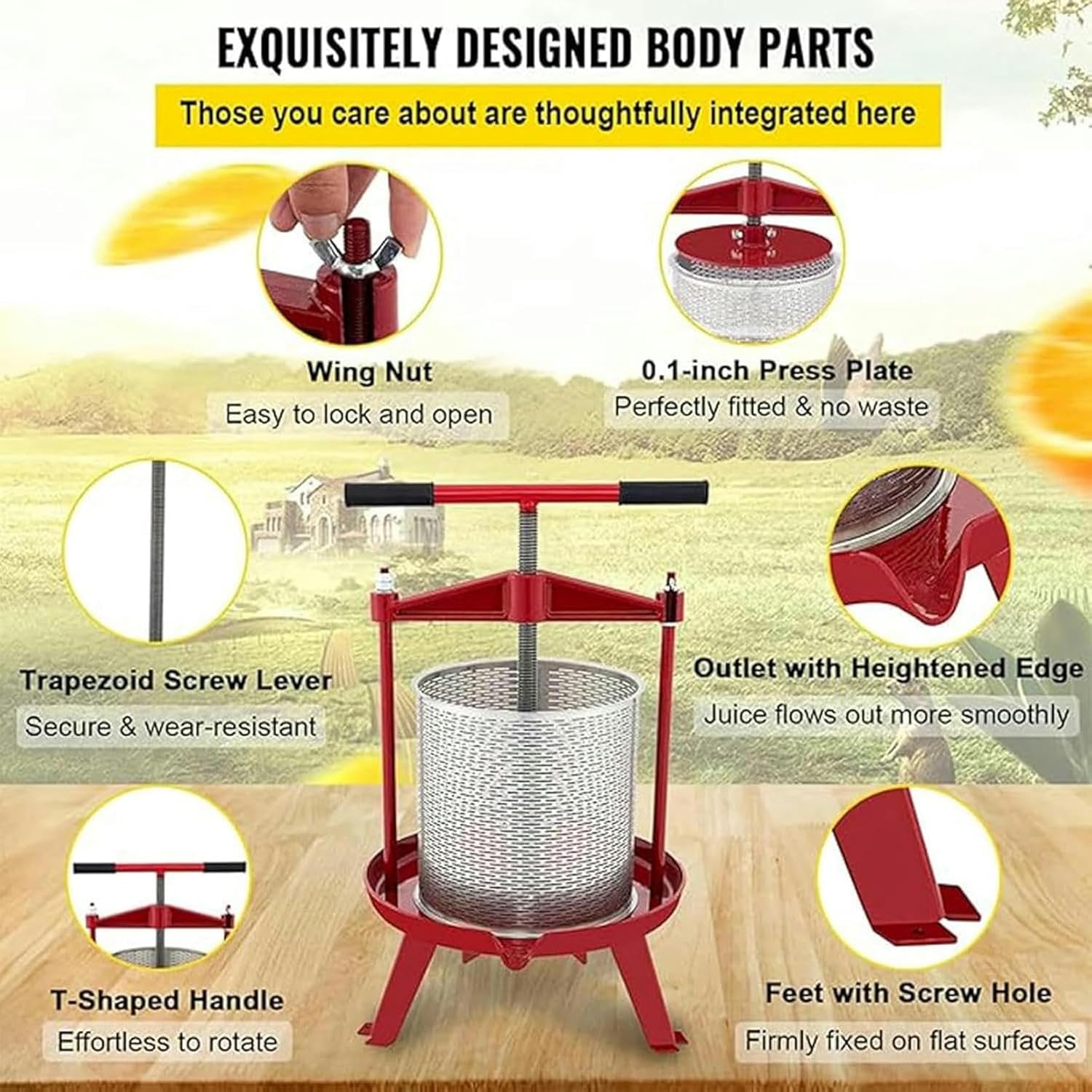 14 -Liter Fruity Press, Wine Cider Elaboration, Stainless Steel Hollow Basket, Stable and Resistant Base, Ergonomic Honey Press with Handle in T for Orchards and Harvest Season ~/