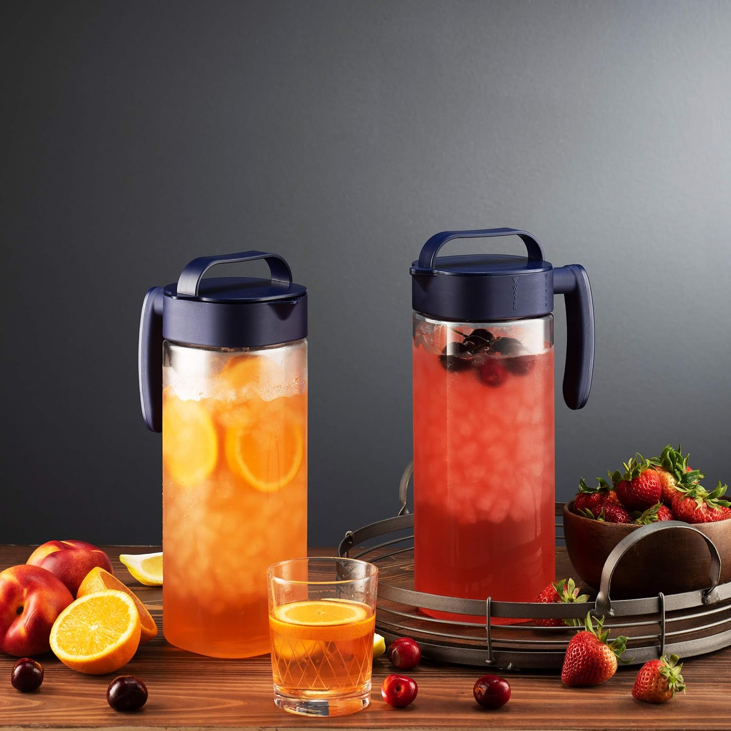 Komax Set of 2 Plastic Water Pitcher with Lid – BPA-Free & Iced Tea Microwave Dishwasher Safe Tea, Sangria, or Juice Containers Lids for Fridge (2.1 Qt), Clear & Blue
