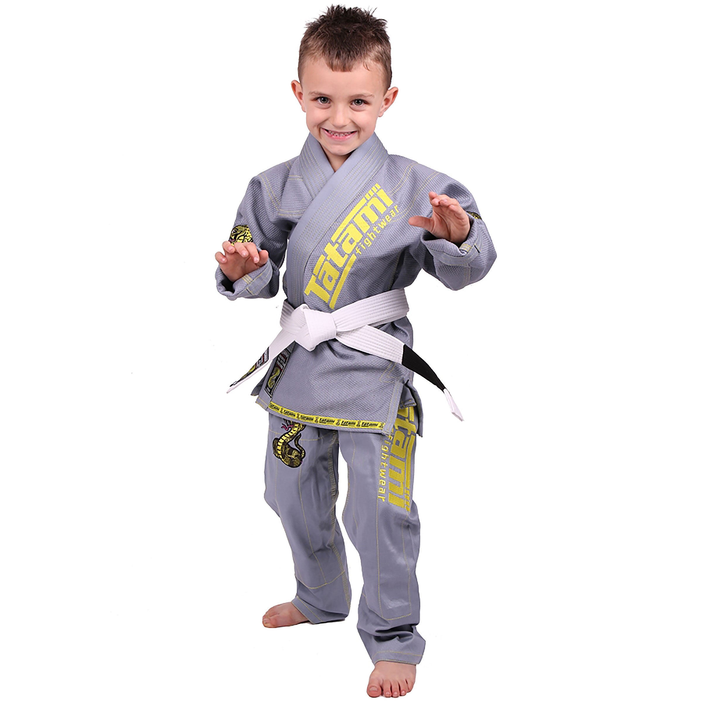 Tatami FightwearMeerkatsu Kids Animal Jiu Jitsu Gi, 425GSM Jacket, Twill BJJ Pants, and White Belt, Gray, M00