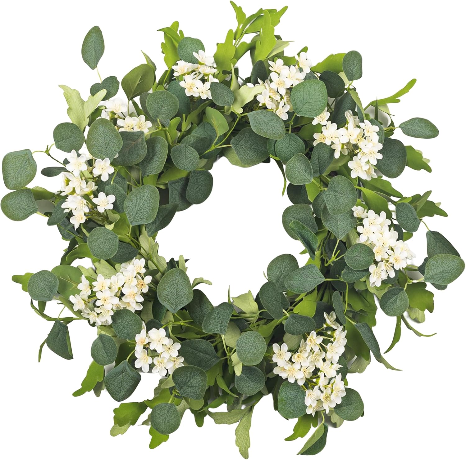 24’’ Spring Wreaths for Front Door - Artificial Green Eucalyptus with White Cherry Blossom, Daisy & Lavender, Grapevine Base for Farmhouse Porch Wedding Easter Decor Outdoor Year Round