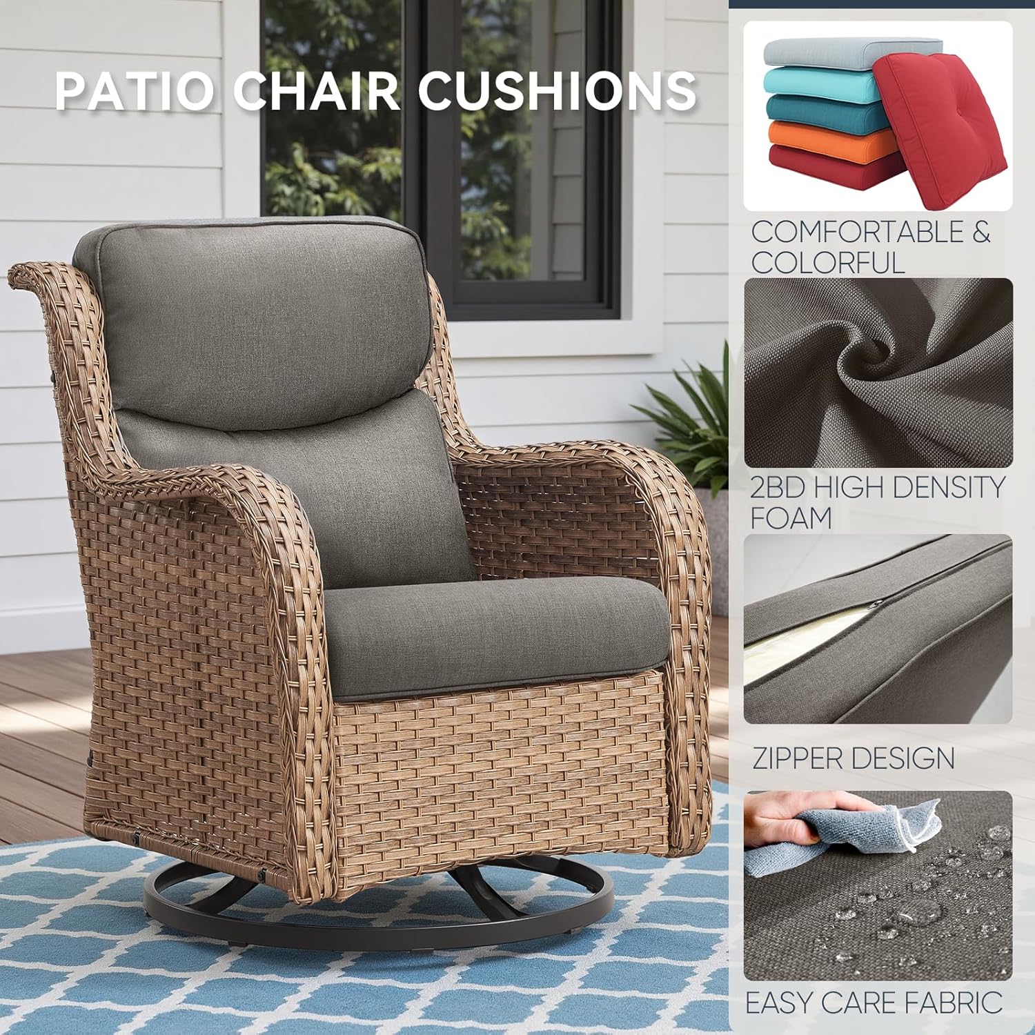 Outdoor Chair Cushions for Patio Furniture - 1 Pack Outside High Back Comfortable Thickened Pillow 22x24 with Zipper Cover for Wicker Rocking Swivel Chairs Loveseat Sofa – Grey/Crescent