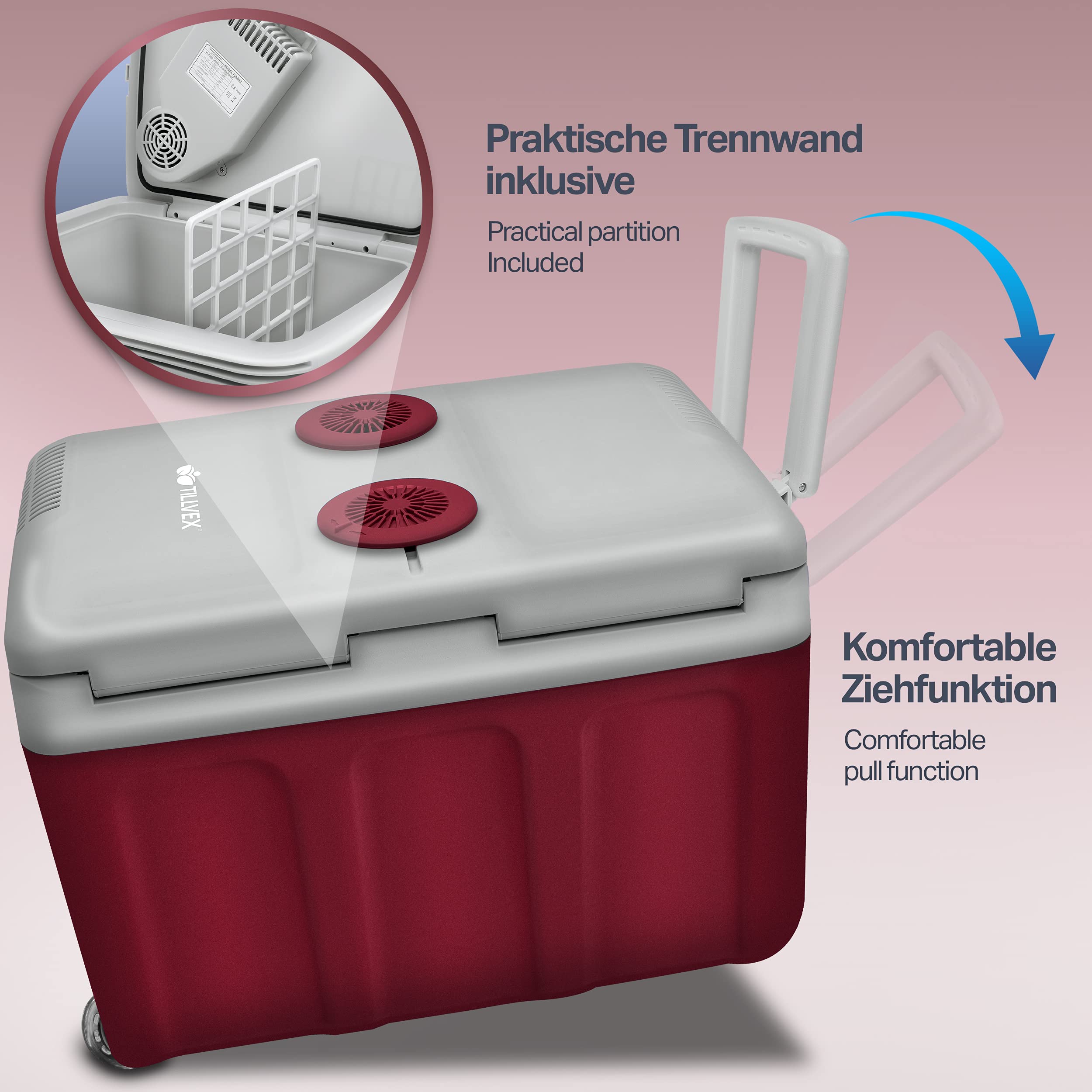 tillvex Elektryczna lodówka turystyczna 40 l na kółkach, mini lodówka 230 V i 12 V, do samochodu, na kemping, chłodzi i ogrzewa, tryb ECO (czerwony)