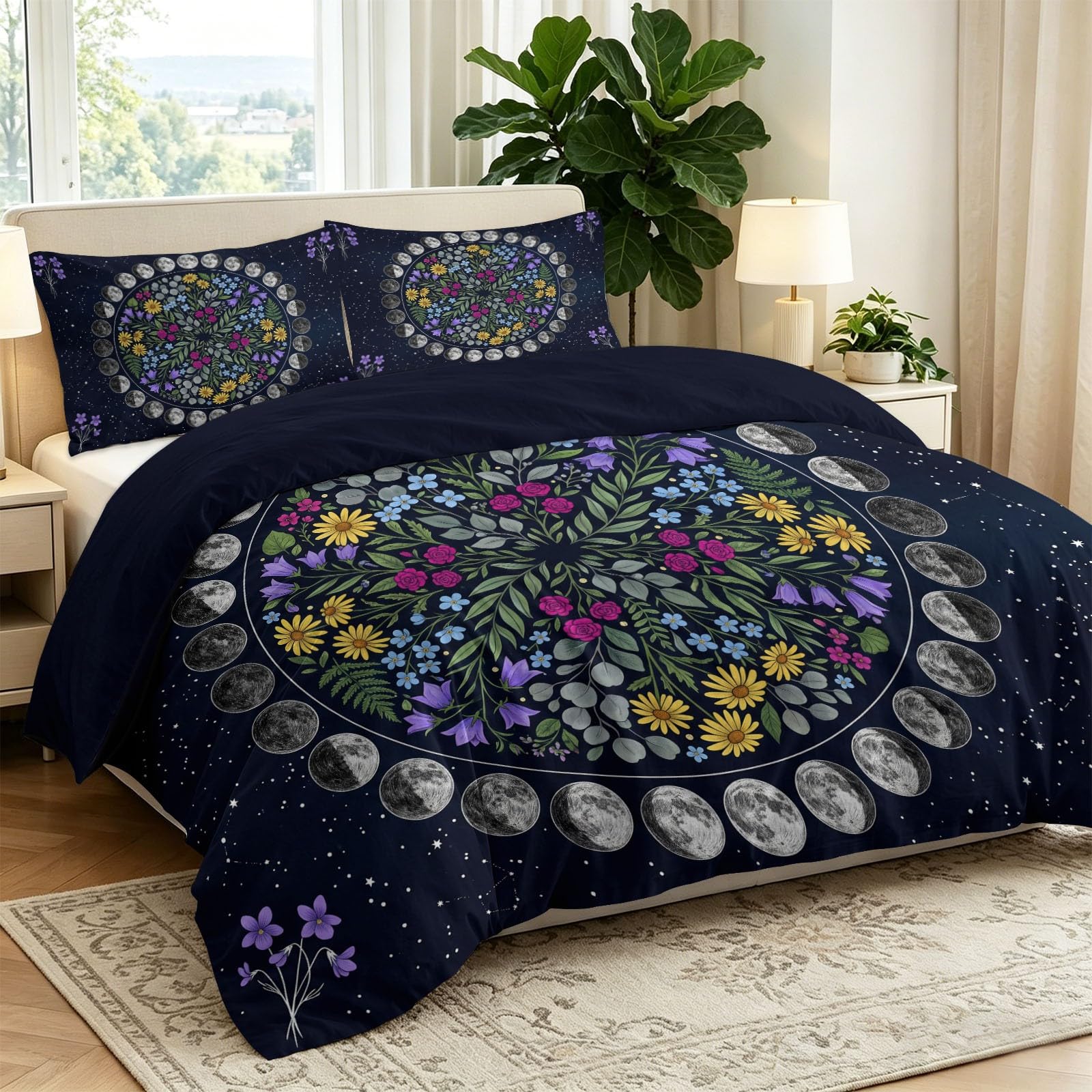 Zestaw pościeli z mikrofibry z nadrukiem Mandala Księżyc Zielone Liście, 3 sztuki: 1 poszwa na kołdrę 200 x 200 cm 2 poszewki na poduszki, zamek błyskawiczny, do podwójnego łóżka dla dorosłych, szary