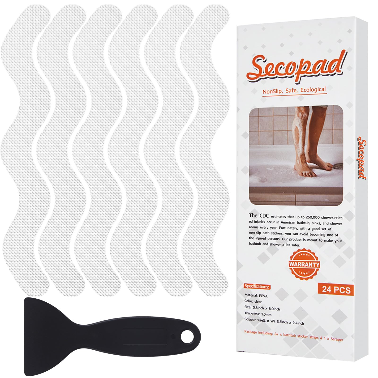 Secopad Anti Slip Shower Stickers, Adhesive Decals Safety Strips with Scraper for Bath Tub, Shower Floor, Stairs, 24 Pieces (Clear)