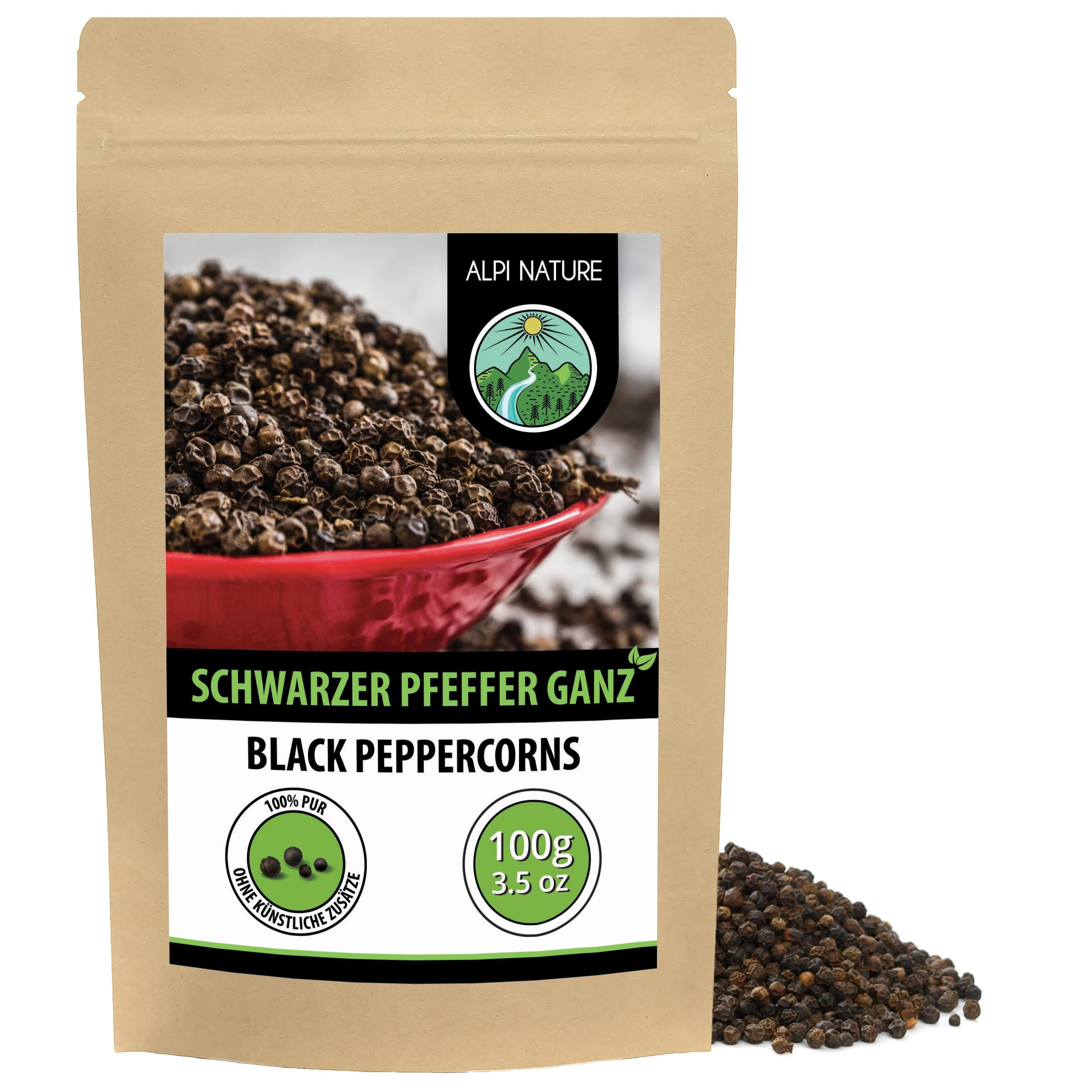 Alpi Nature Schwarzer Pfeffer ganz 100g, Pfeffer schwarz ganz, Pfefferkörner schwarz, schwarze Pfefferkörner