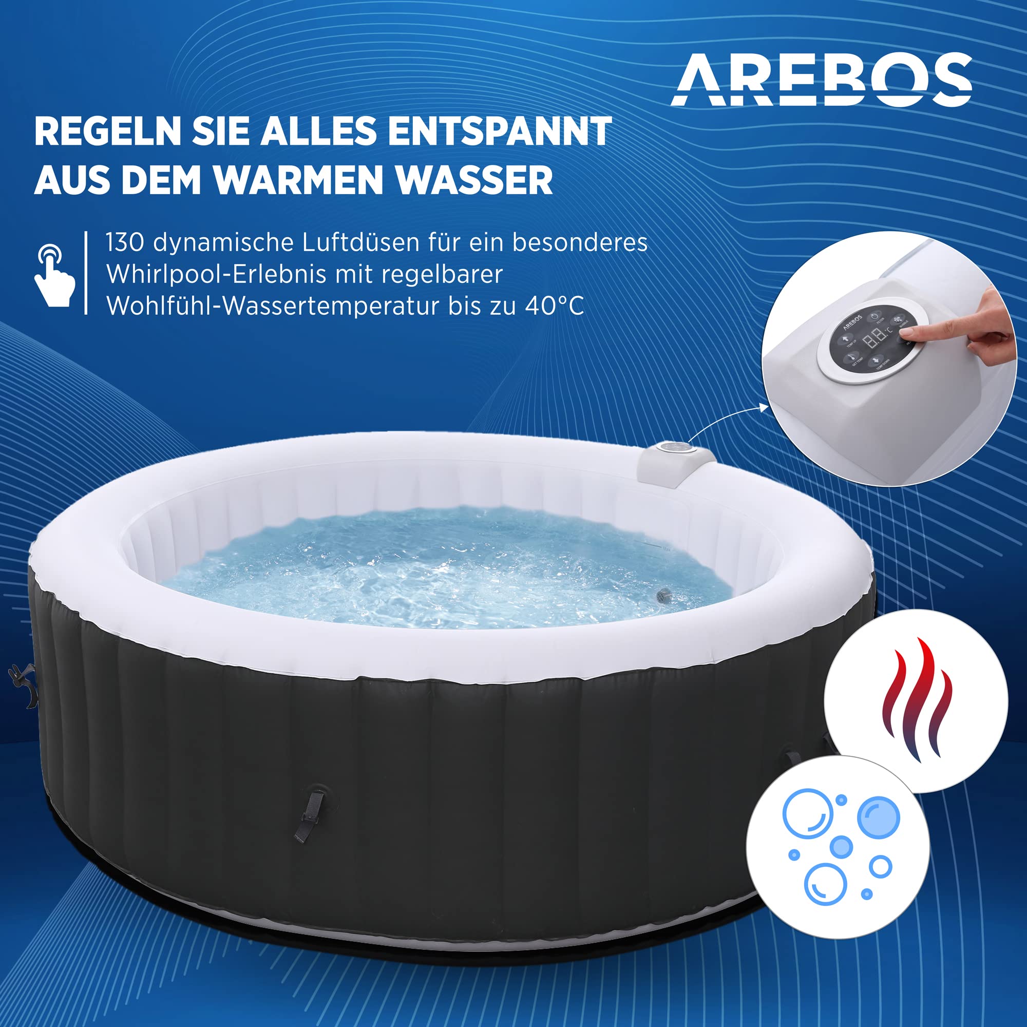 Arebos Whirlpool | aufblasbar | In- & Outdoor | 6 Personen | ⌀ 208 cm | 130 Massagedüsen | mit Heizung | 1.000 Liter | Inkl. Abdeckung | Bubble Spa & Wellness Massage