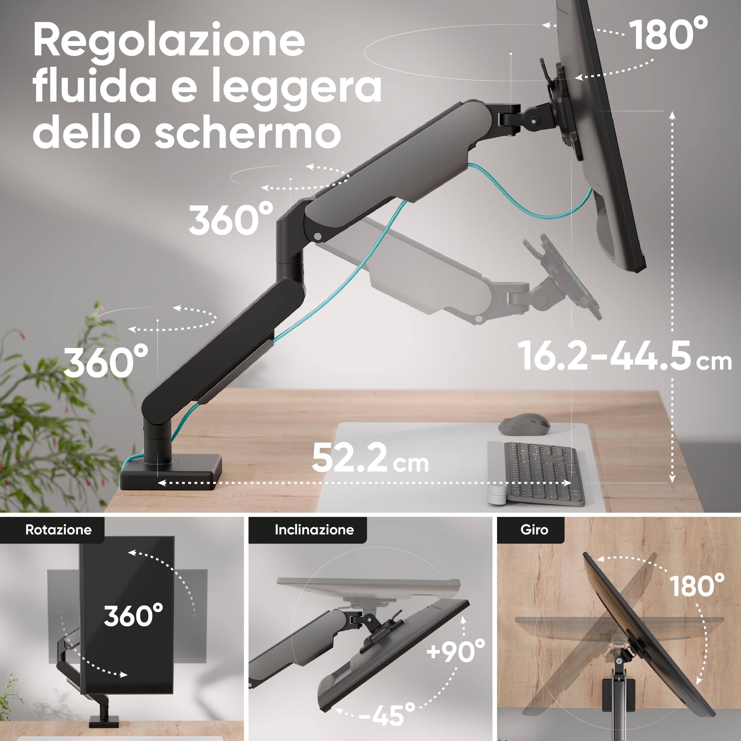 ONKRON Supporto Monitor Scrivania 13-32 pollici, 2-9 kg, Braccio Monitor VESA 75x75-100x100, Supporto Schermo PC Snodabile, Porta Schermo PC da Scrivania Regolabile in Altezza, Universale, Nero G50-B