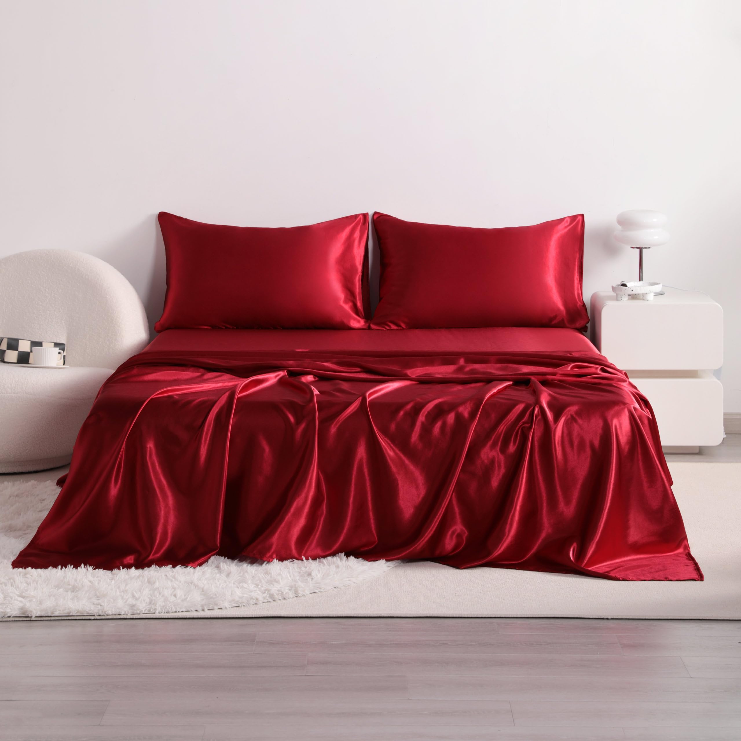 Queen Satin Bed Sheet Set, 4 Pieces Bed Sheet Set with Silky Solid Color, 1 Deep Pocket Fitted Sheet, 1 Flat Sheet, and 2 Pillowcases, Wine Red