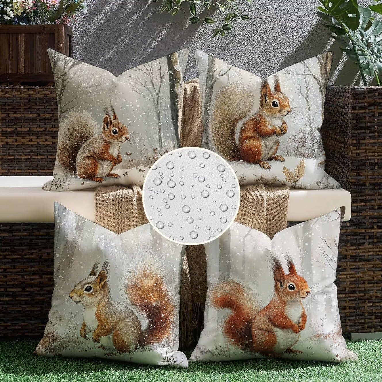 scoiattolo Cuscini da Esterno 60x60 Set da 4 Federe Cuscini Divano neve Copricuscini Velluto Copri Cuscino Divano, Impermeabili Copricuscino, Quadrato Cuscino Decorativo, Moderna Decorazione t-807