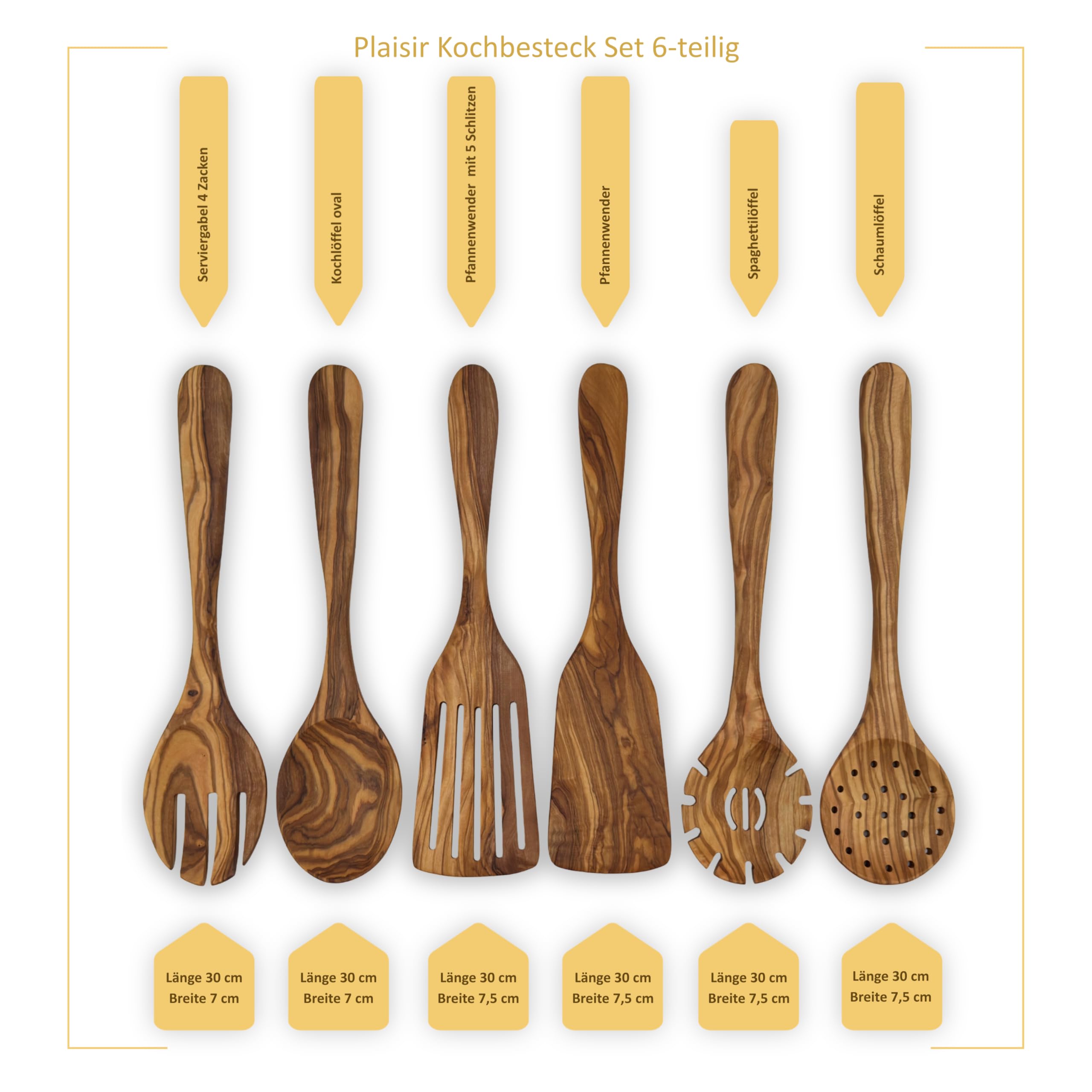 Kochbesteck-Set „Plaisir“ aus Olivenholz – 6-teilig, 30 cm, handgefertigte Küchenhelfer & Küchenaccessoire.