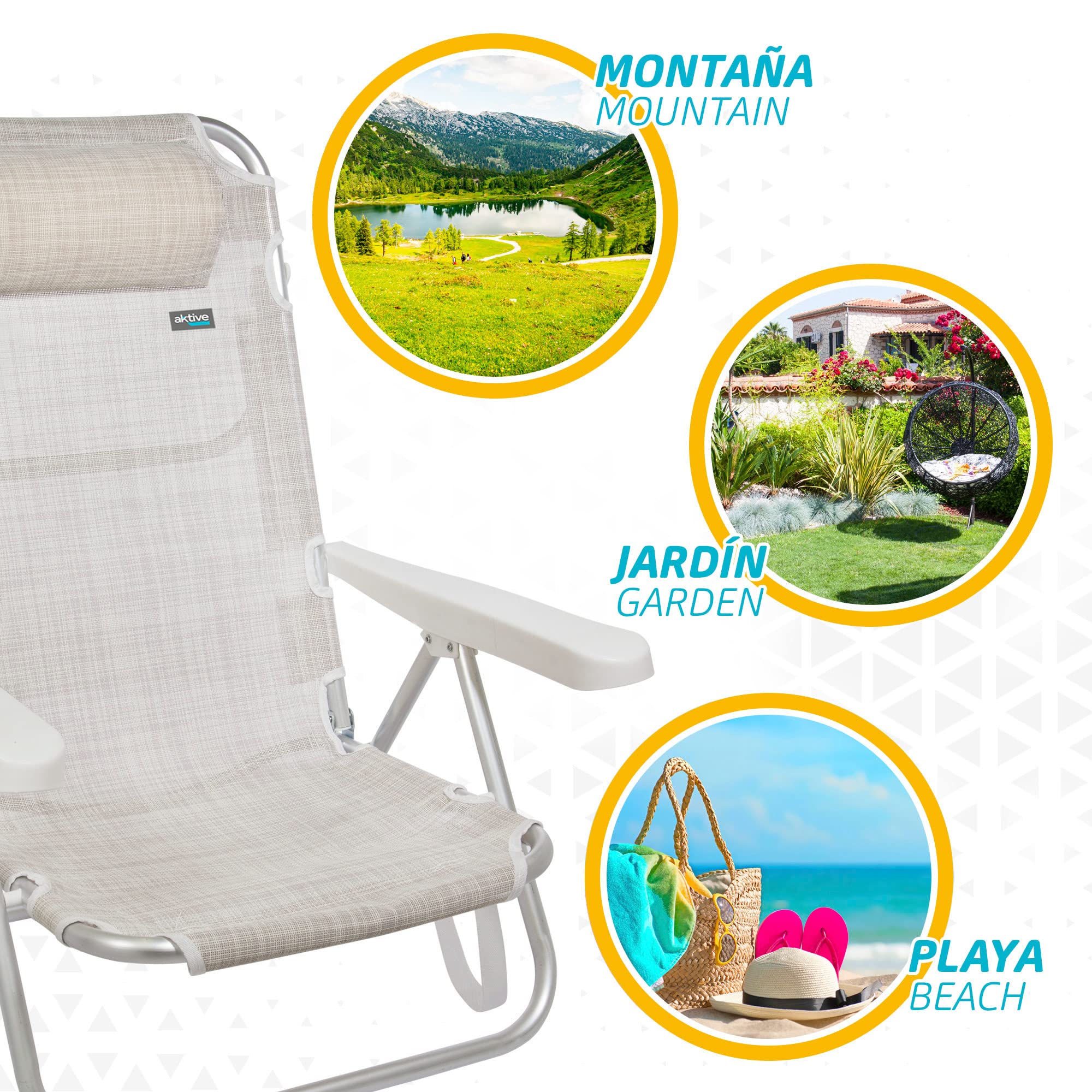 Aktive 62254 - Pack de 2 sillas plegables multiposición para playa, jardín, terraza o camping, 5 posiciones diferentes, Altura 21 cm, medidas 48x45,5x84 cm, Reforzadas, incluye asa de transporte