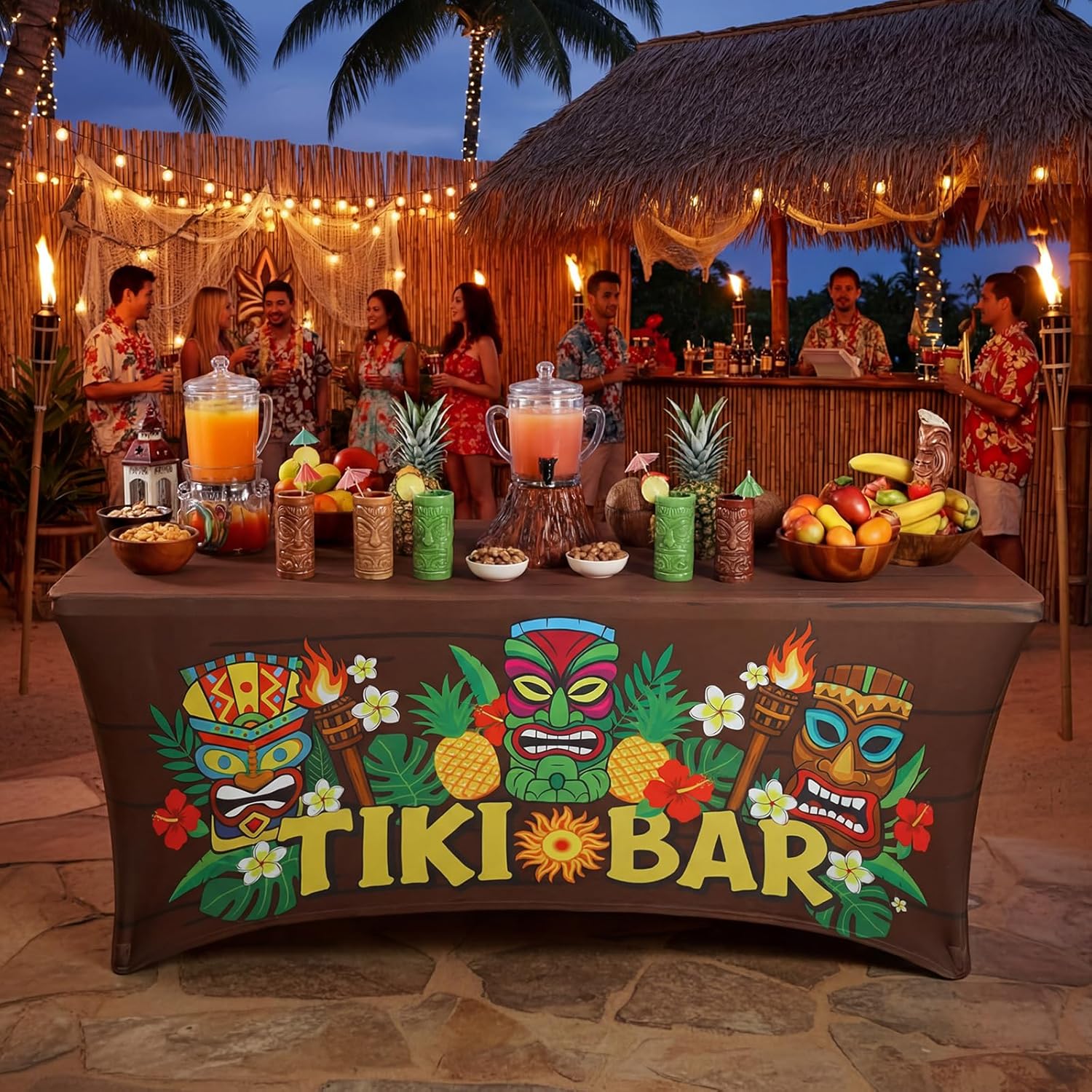 Batiyeer 2 Pcs Tiki Bar Tablecloth Decorations 6ft Hawaii Tiki Spandex Tablecloth Summer Luau Party Stretch Table Cover for Tropical Luau Aloha Hawaii Party Beach Pool Carnival Decoration Supplies