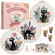 Meyocky Embroidery Kit for Adult Beginners,3-Piece Cat Stitching Kits with Flower Leaf Pre-Stamped Embroidery Patterns,Hoop,Colorful Threads,Step-by-Step Instructions,DIY Needlework Sewing Gift