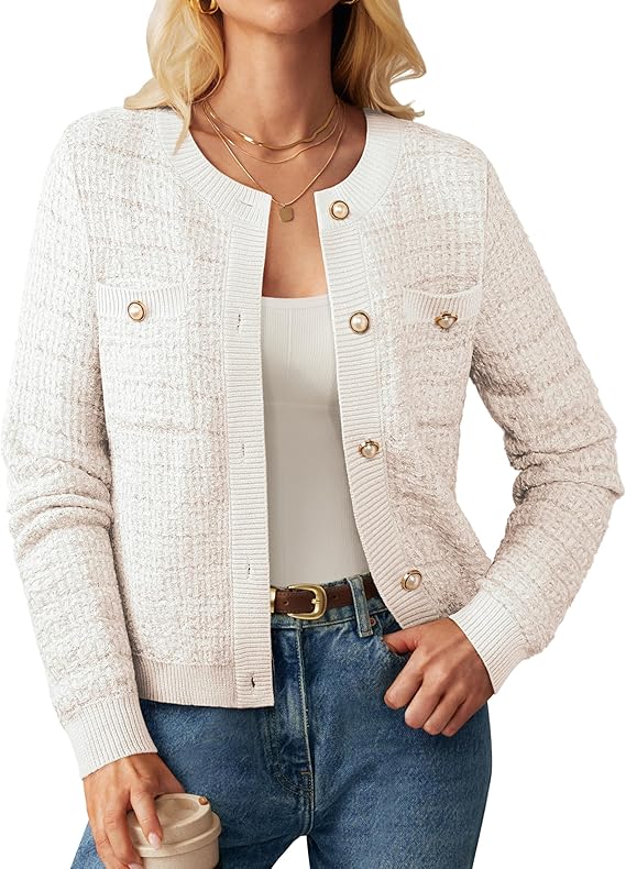 GRACE KARIN Womens Button Down Sweaters Cardigans 2025 Fall Open Front Long Sleeve Knit Tweed Jacket  with Pockets