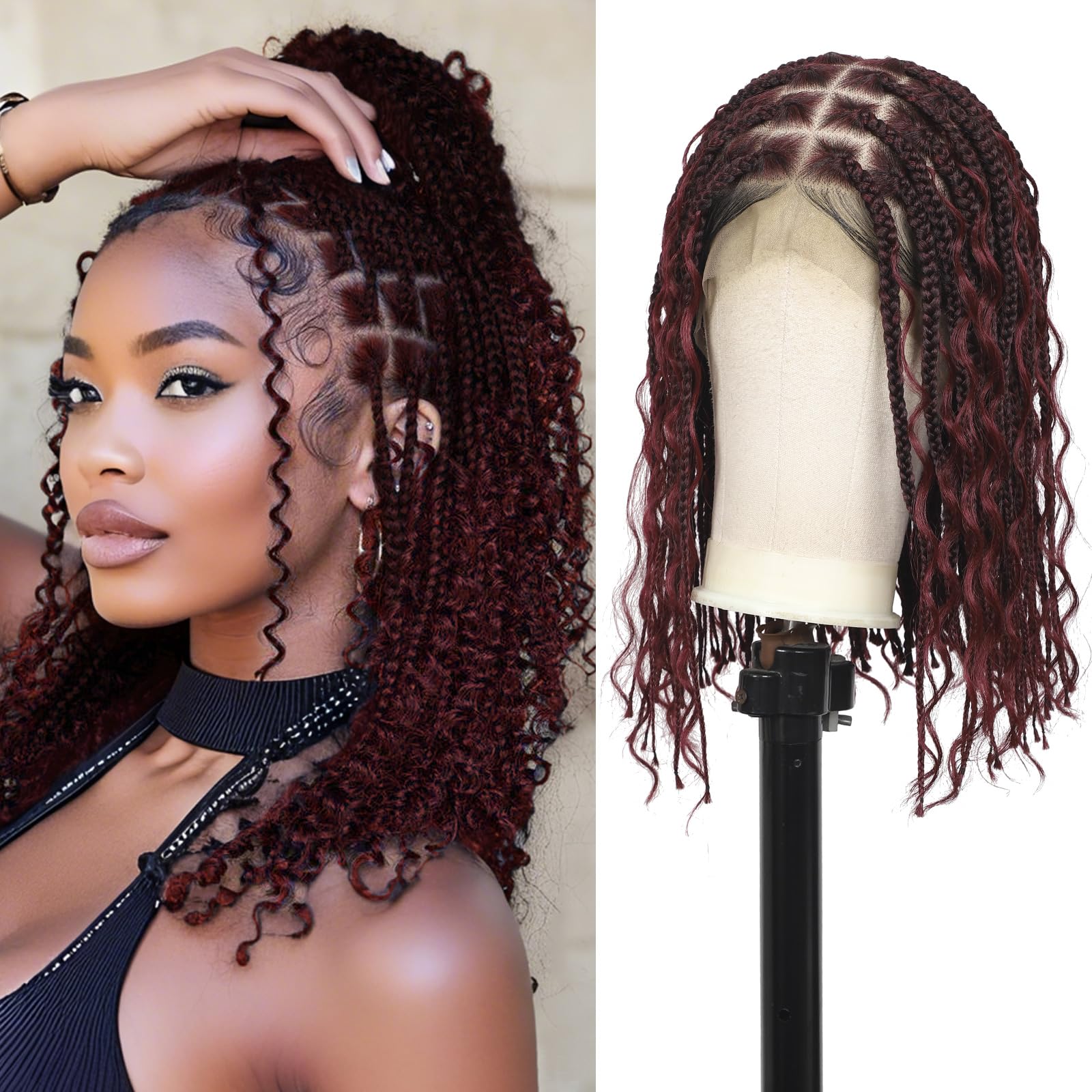 Kalyss 12inch 13x8 HD Lace Front Short Boho Braided Wigs for Women Full Lace Knotless Braided Wig with Bohemian Curly Box Braid Wig with Baby Hair