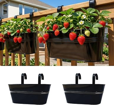 LaLaGreen Railing Planter Outdoor Plants 11.2 Inch, 2 Pack Black Metal Iron Hanging Flower Pots Deck Rail Fence Hanging Bucket Modern Countryside Style Window Box Plant Holder with Hooks Porch Decor