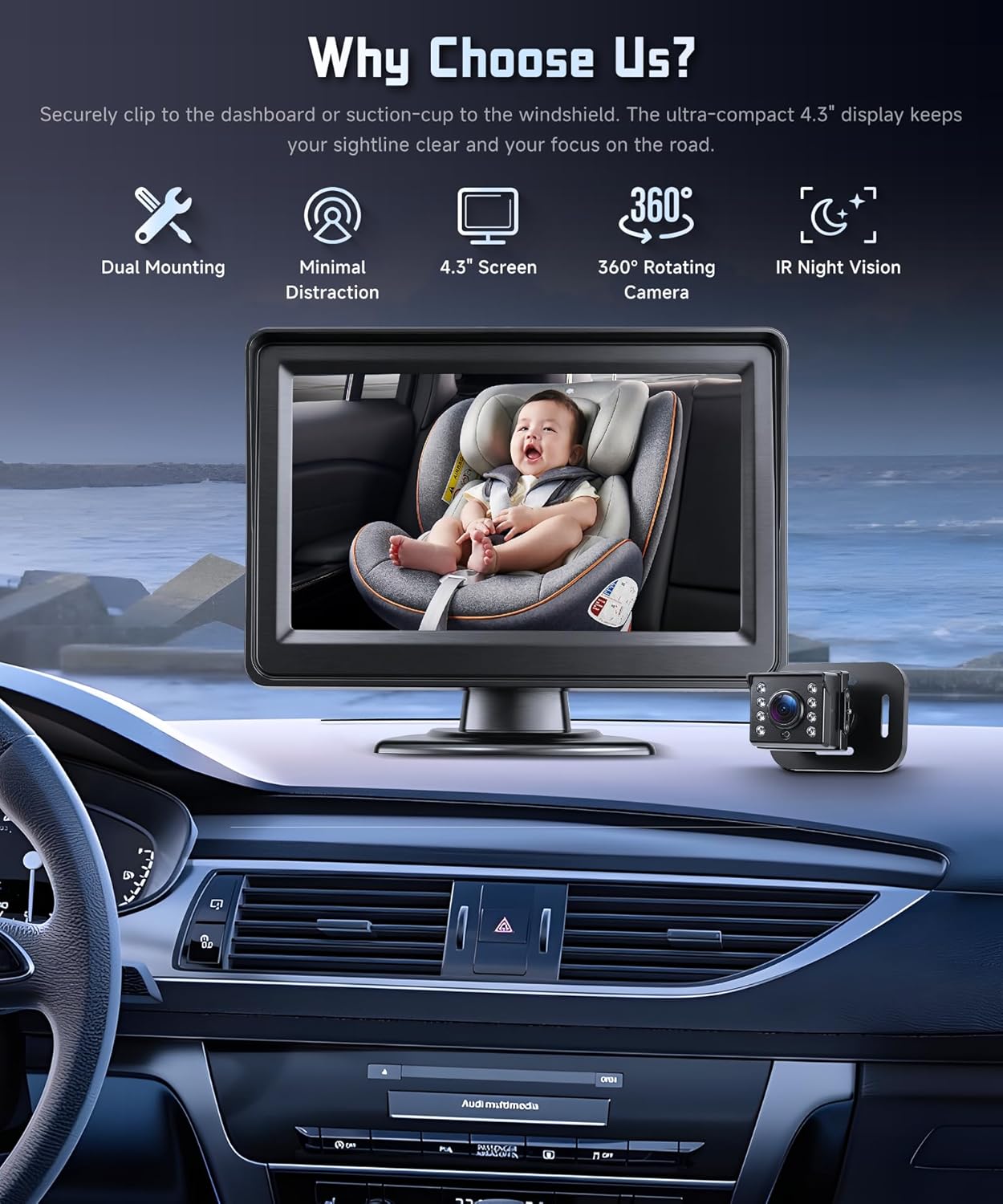 Rear Seat Baby Car Camera for Backseat HD-Rear-Facing Car Baby Monitor with Night Vision, Adjustable View Angle, Easy Setup,360°Rotatable car Camera, Safety for Kids 4.3 inch IPS car Baby Monitor