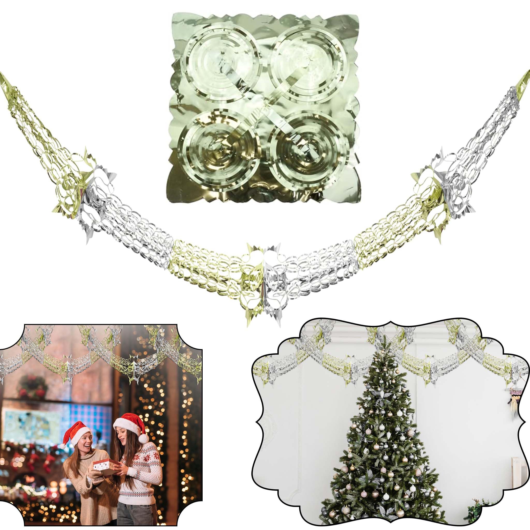HOVUK®Christmas Hanging Ceiling,Wall Decoration Foil Garland,Bell,Ball,SnowFlake Decoration (Silver/Gold, 30cm x 2.7M Garland)