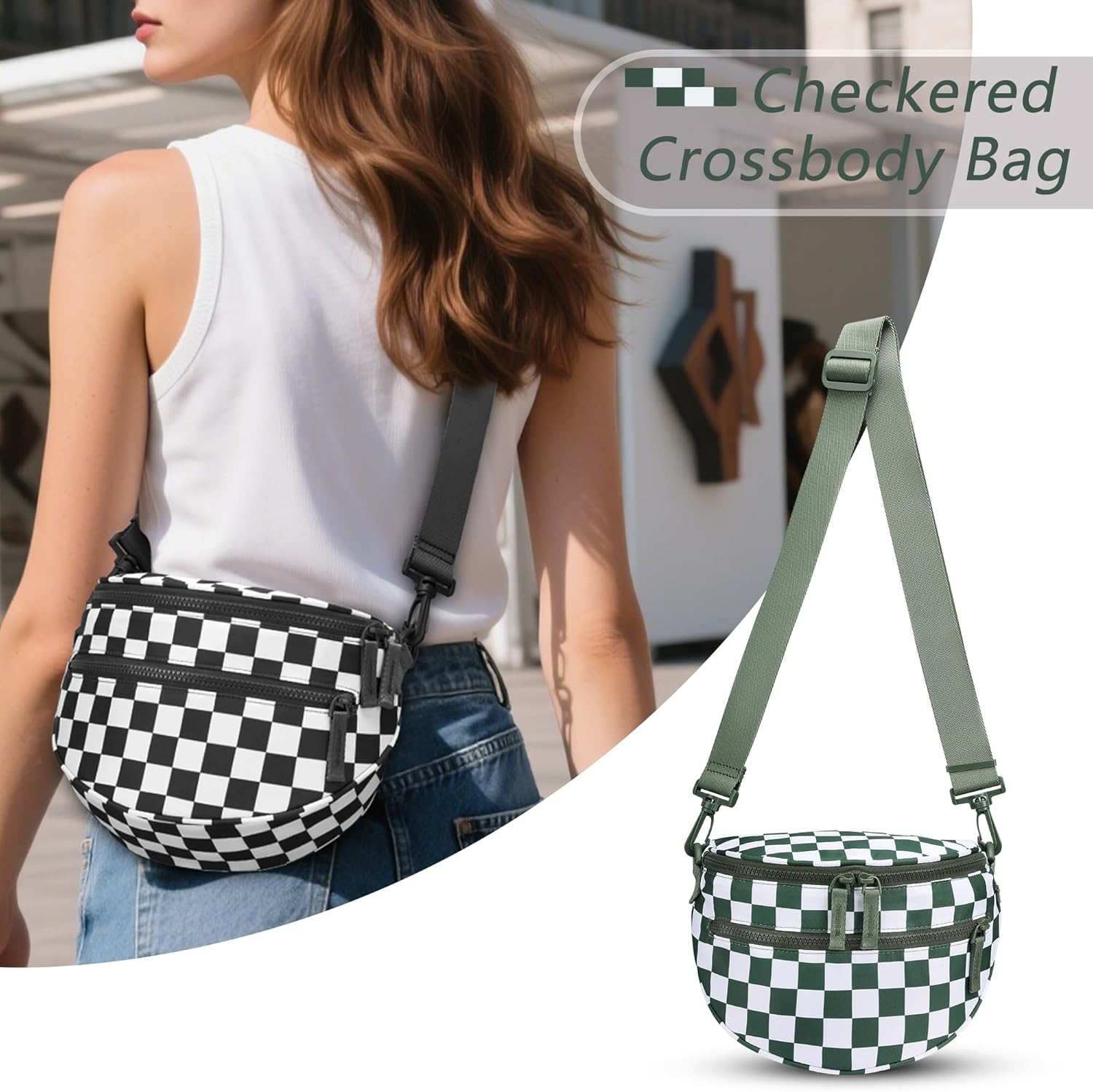 FODOKO Small Checkered Crossbody Bag Nylon Bum Bags shoulder Purses Handbags Wallets for Women - Image 2