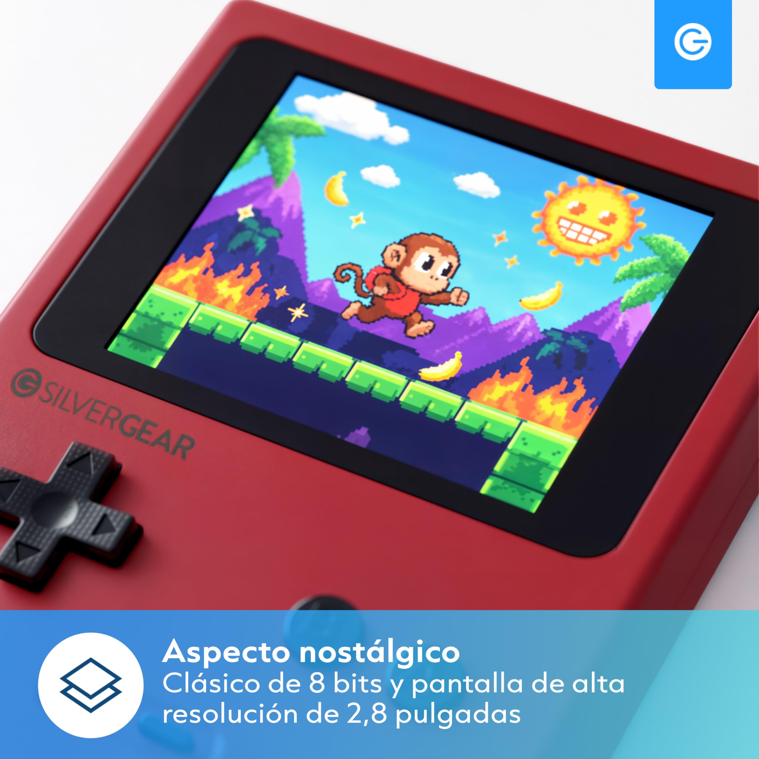 Silvergear® Consola Retro Portátil | Videoconsola Retro Arcade con 240 Juegos Clásicos en 6 Categorias | Mini Consola con Juegos Retro para Niños y Adultos | 12,5x8x2,3 cm | Rojo
