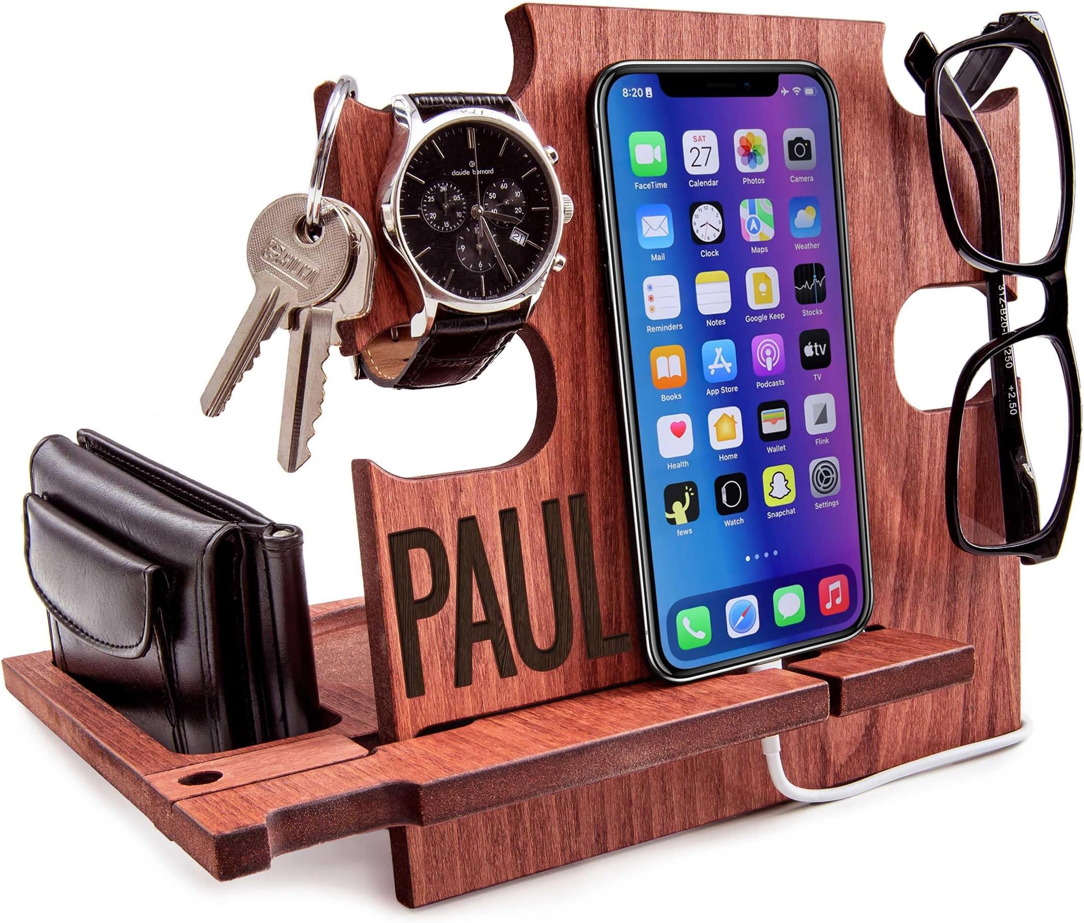 Greta Oto Personalized Wood Phone Docking Station Gift for Men - Bedside Nightstand Charging Station Organizer - Smartphone Accessories Stand - Anniversary Birthday Gifts for Dad Him Husband
